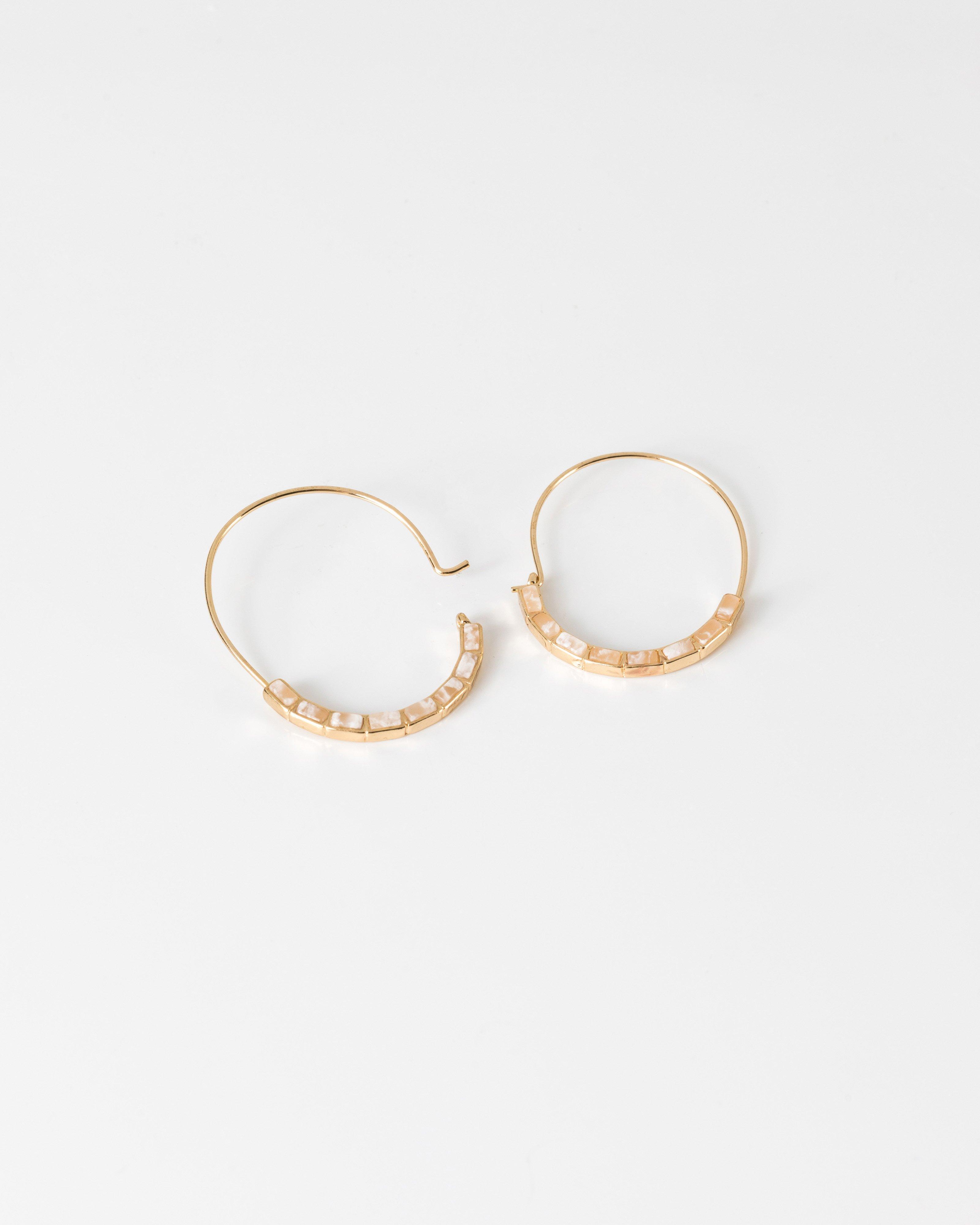 Oval Natural Stone Inset Hoop Earrings -  stone