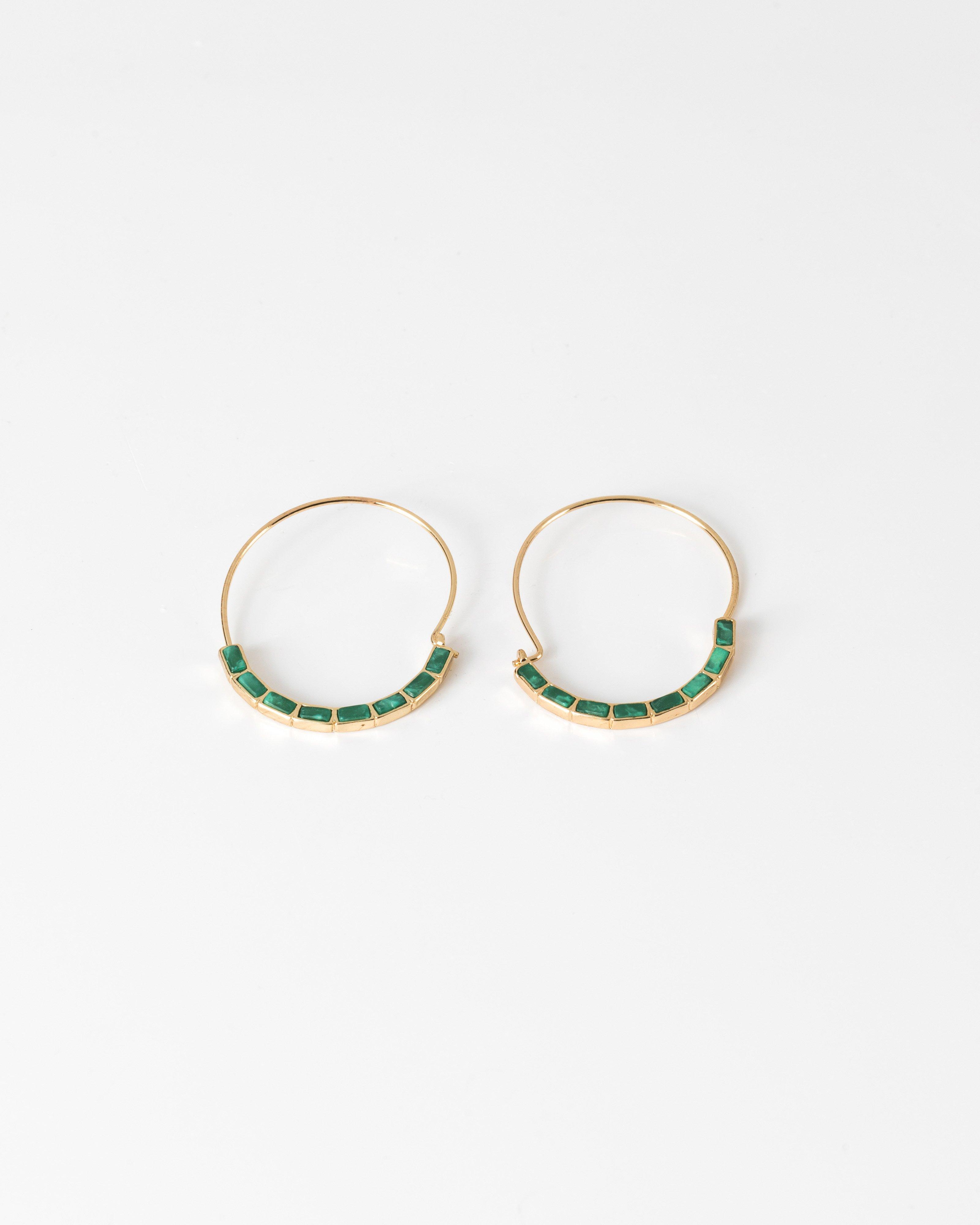 Oval Natural Stone Inset Hoop Earrings -  emerald