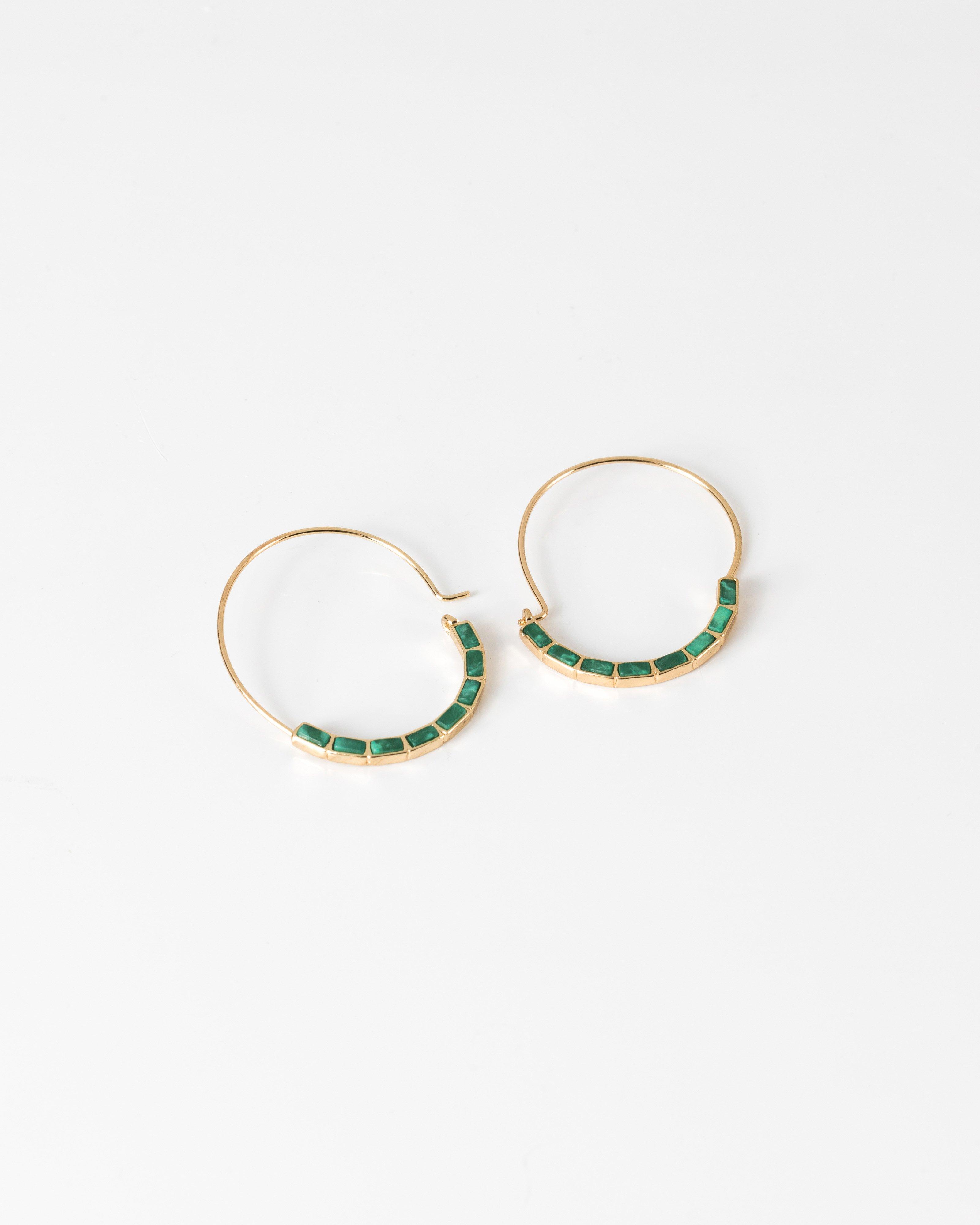 Oval Natural Stone Inset Hoop Earrings -  emerald