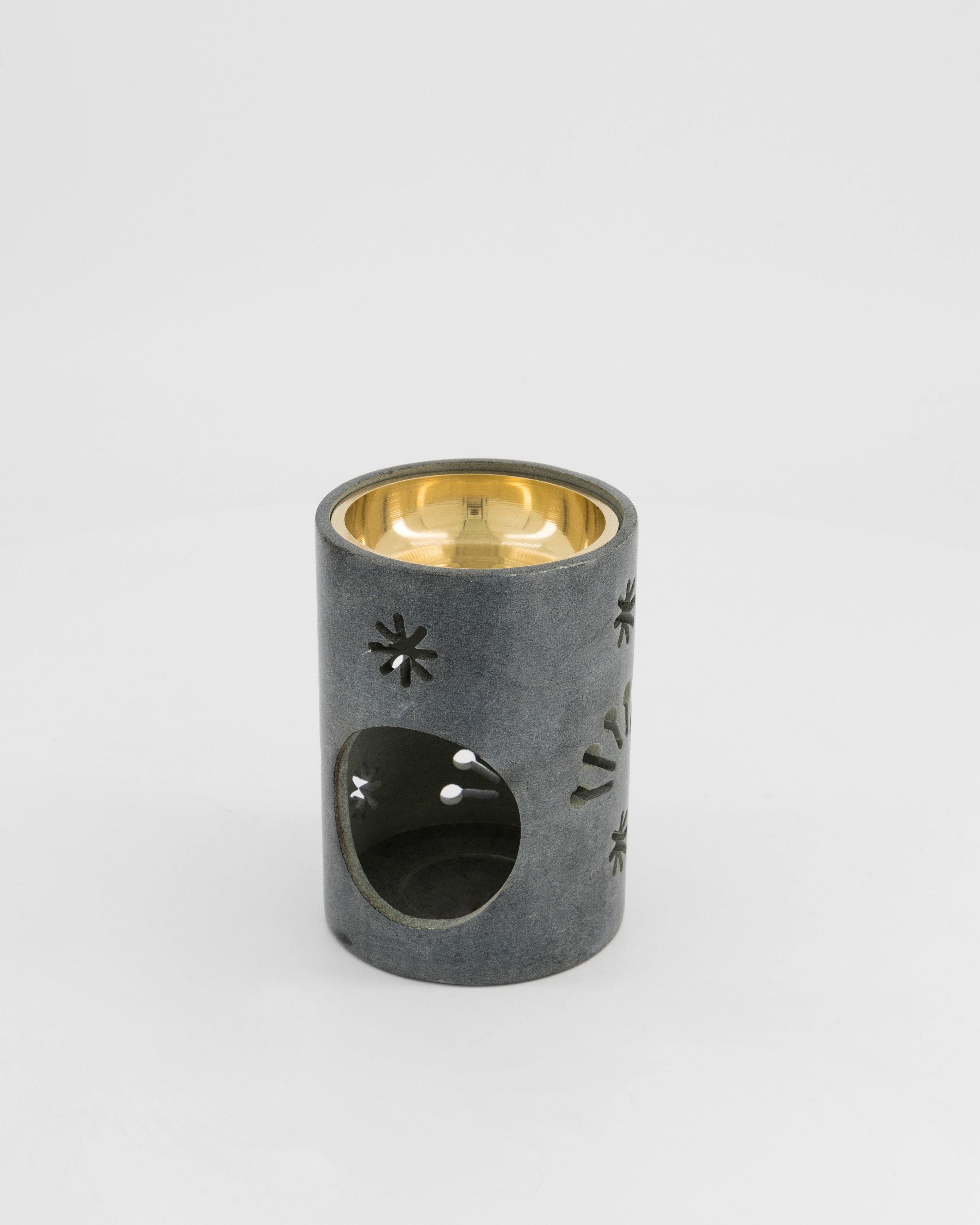 Starry Night Soapstone Oil Burner w Brass Bowl -  grey