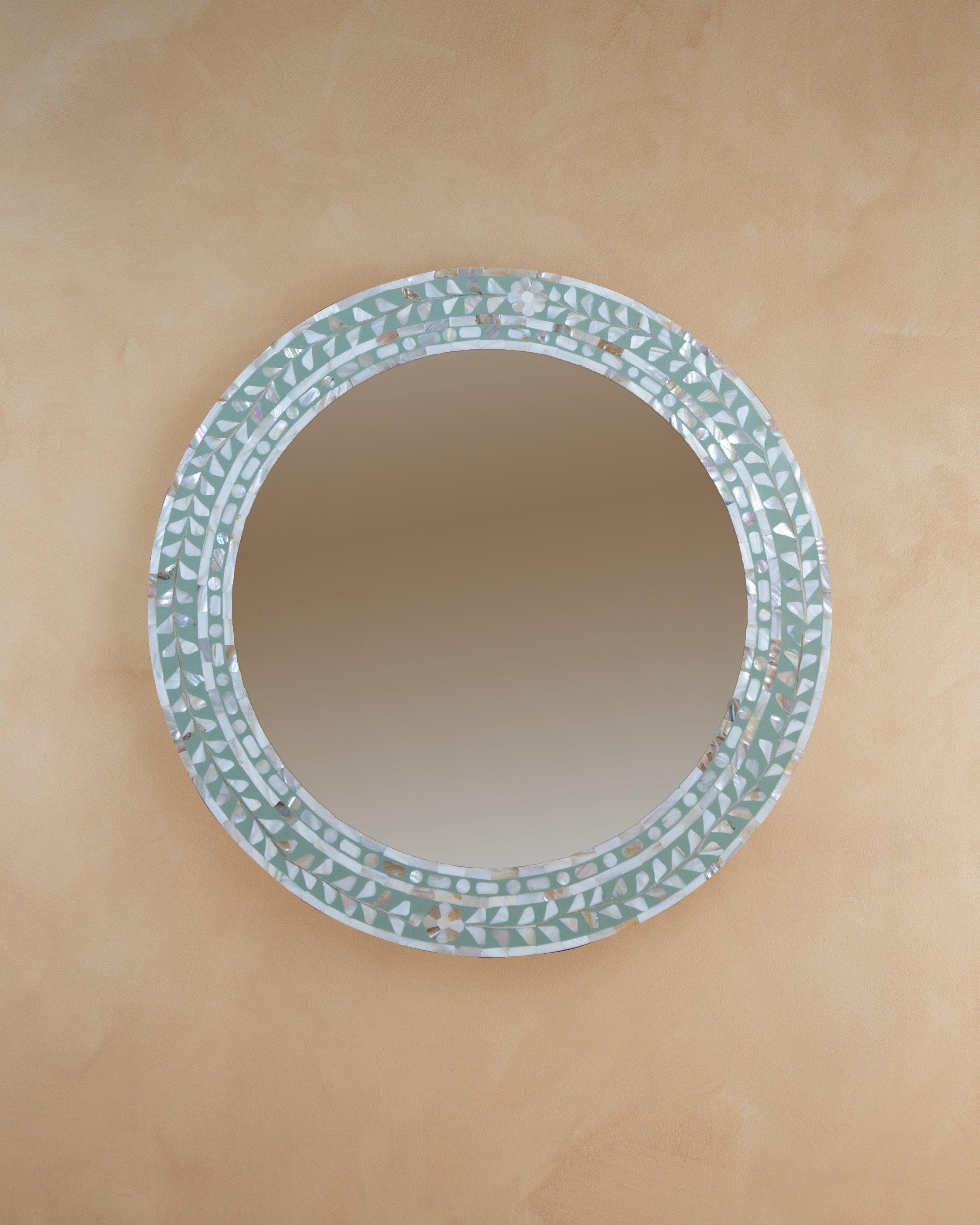 Mother of Pearl Floral Round Mirror 60cm -  sage