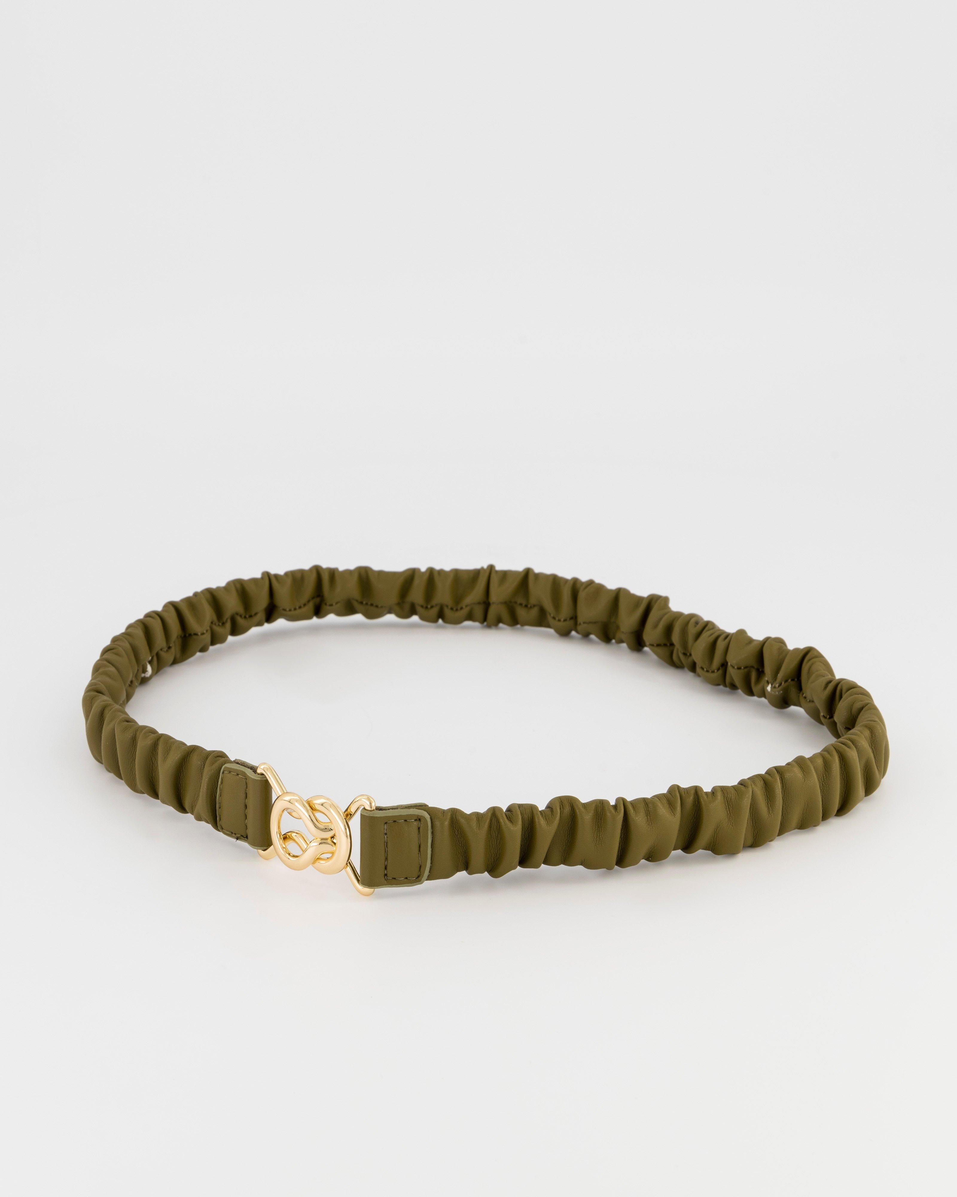 Iggy Skinny Rouched Faux Leather Belt -  olive