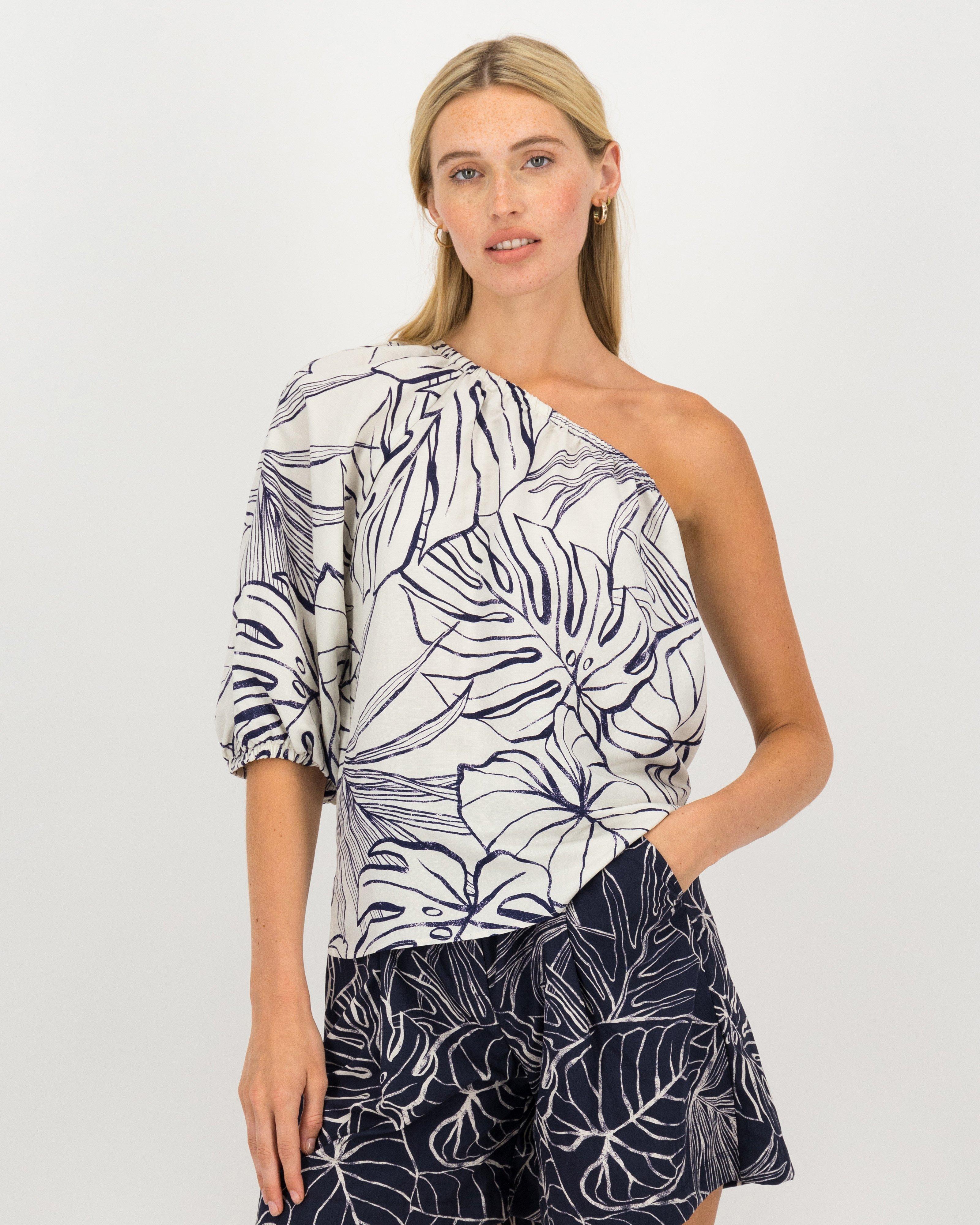 Dayana Linen Printed One-Shoulder Blouse -  stone