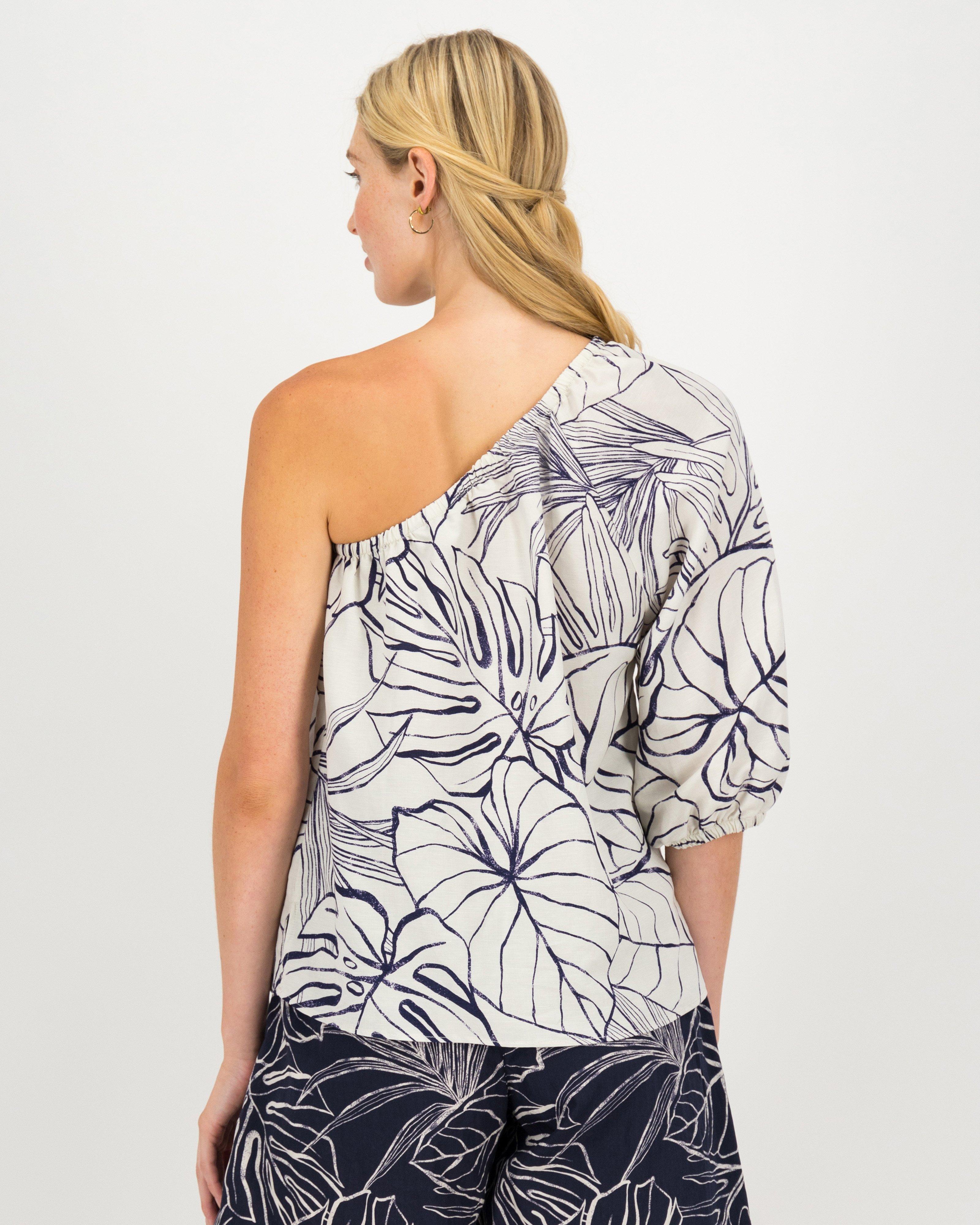 Dayana Linen Printed One-Shoulder Blouse -  stone