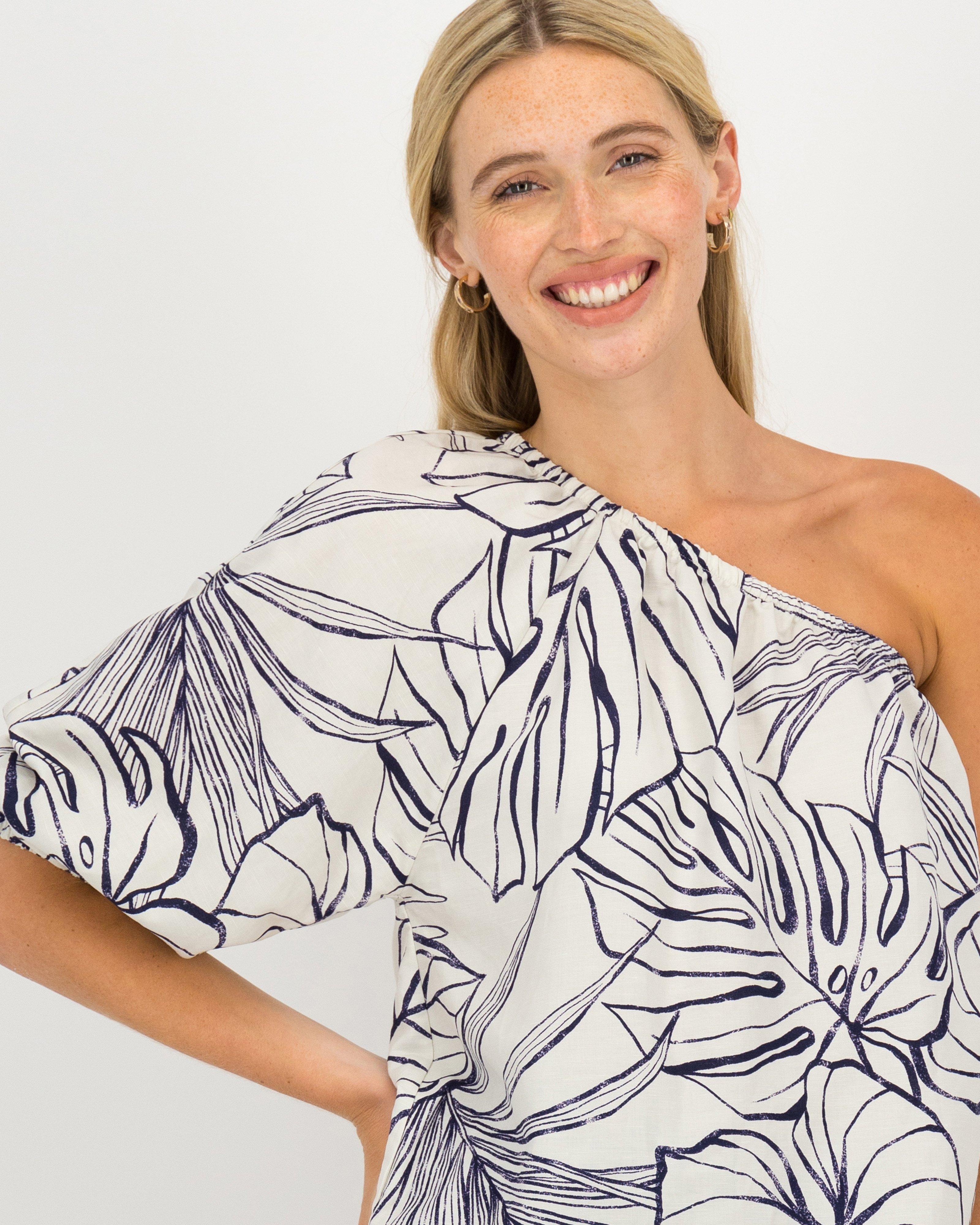 Dayana Linen Printed One-Shoulder Blouse -  stone