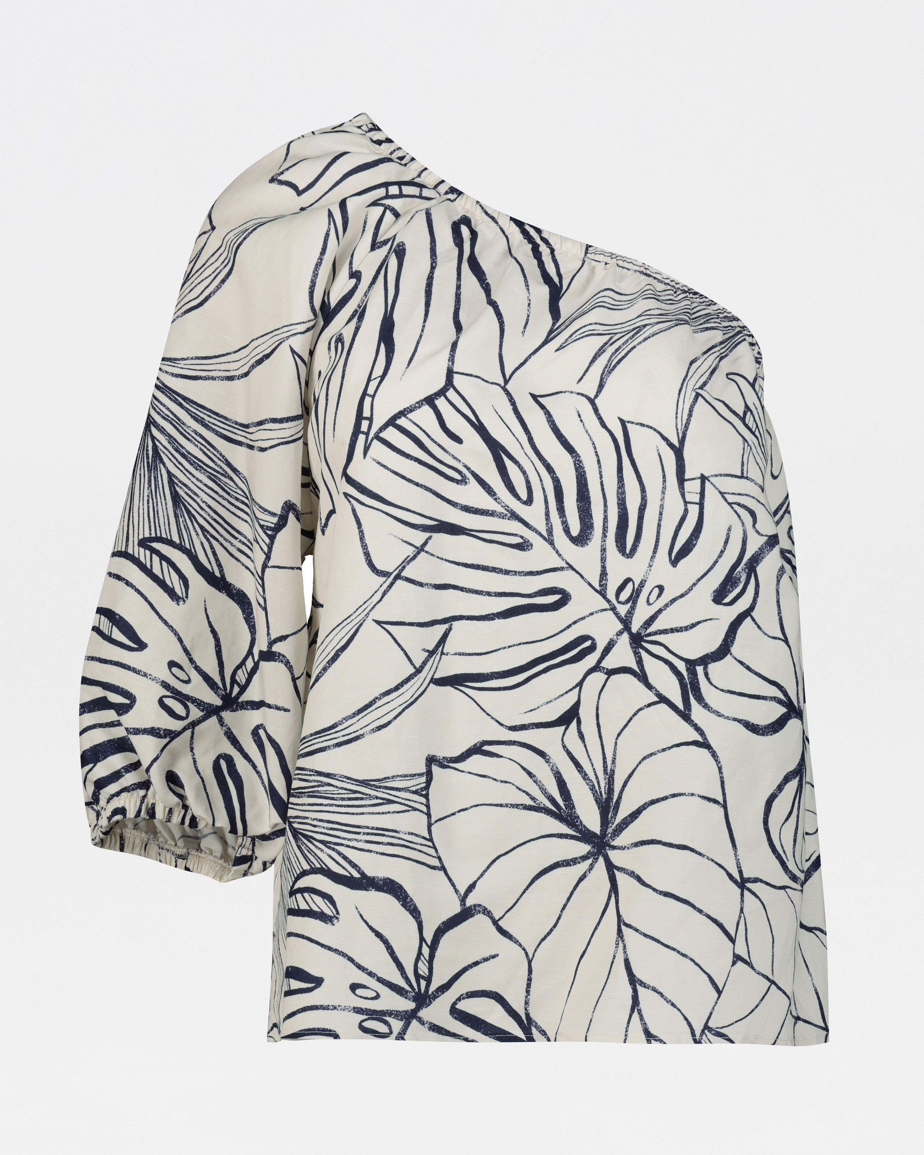 Dayana Linen Printed One-Shoulder Blouse -  stone