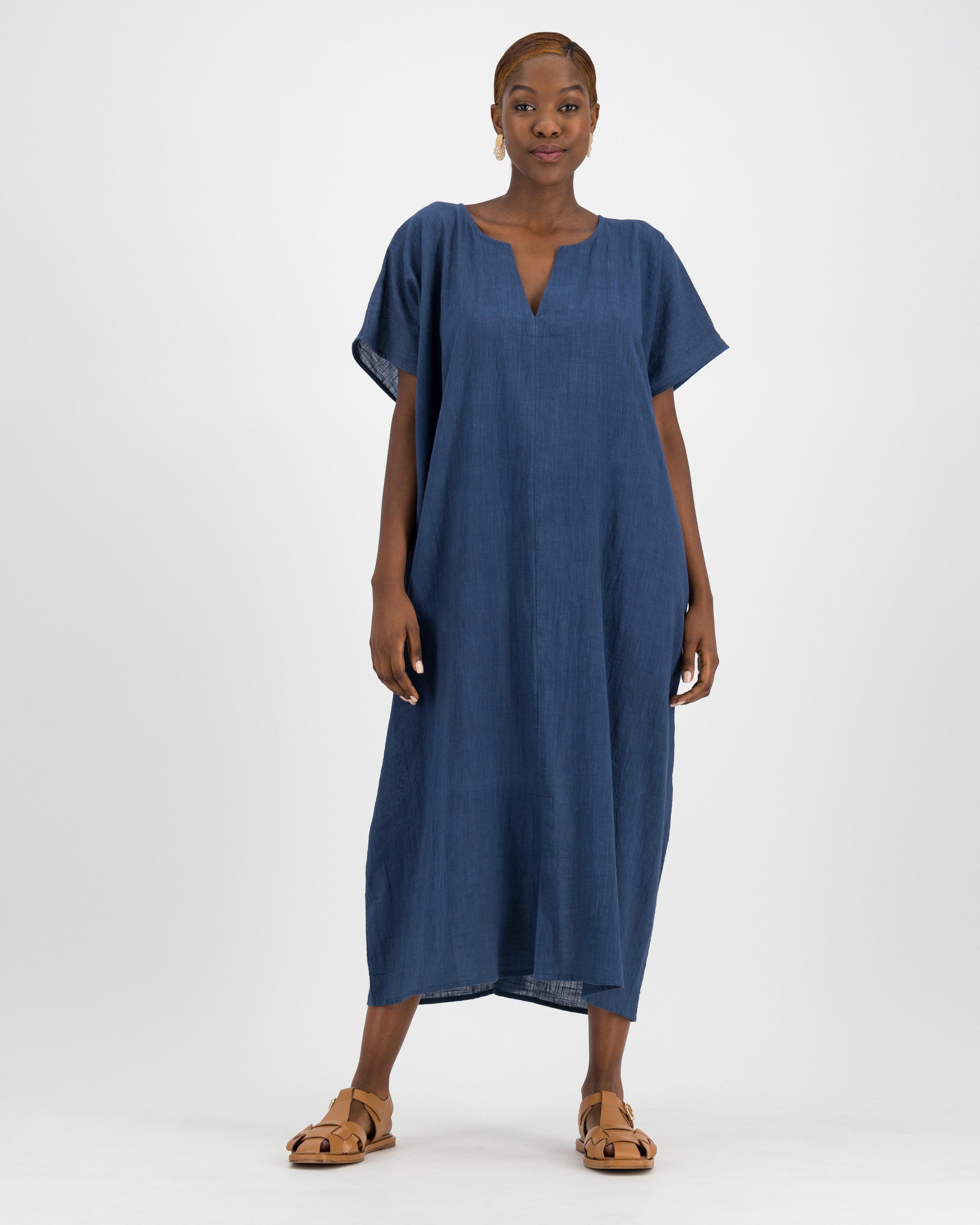 Edith Long Cotton Kaftan -  navy