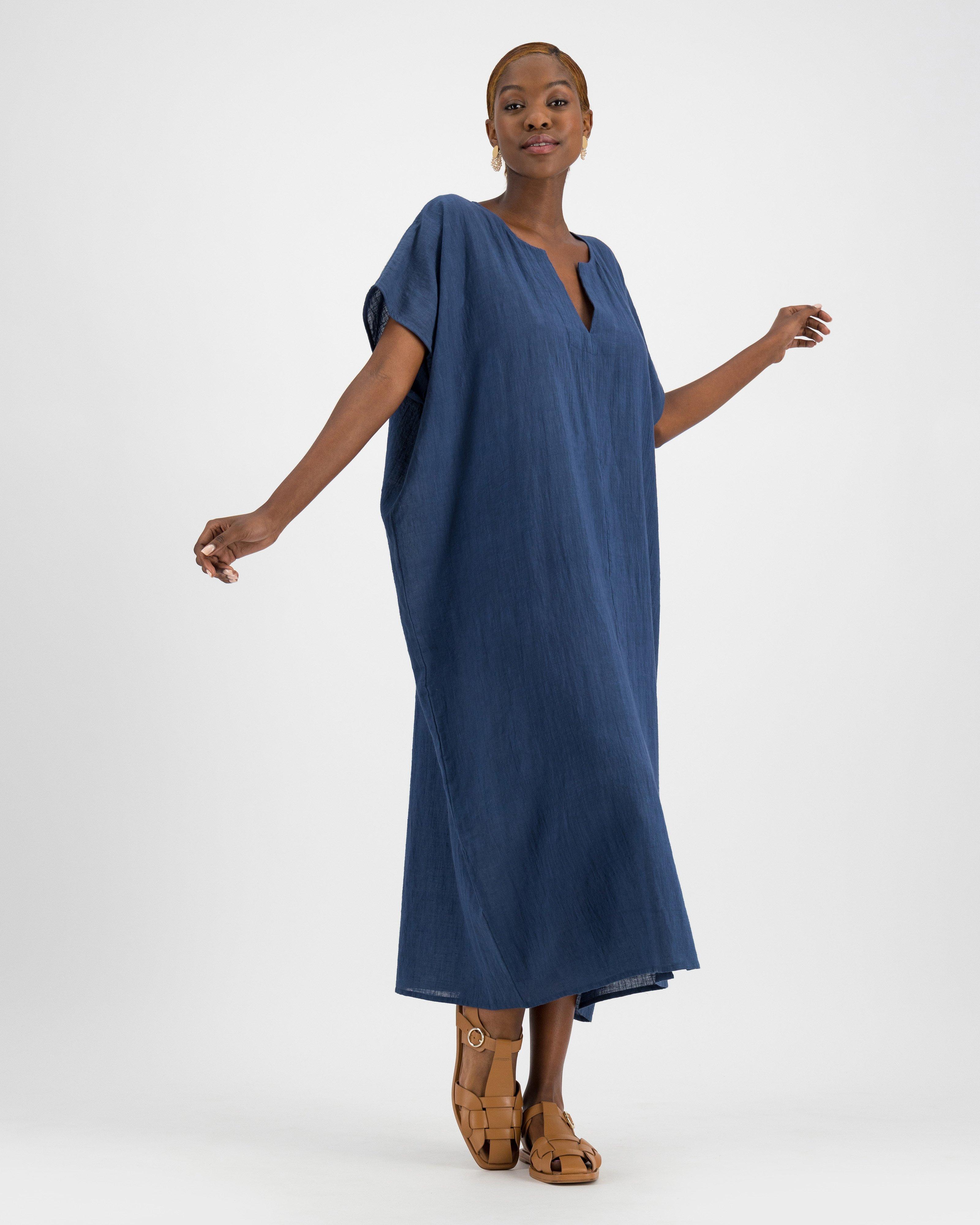 Edith Long Cotton Kaftan -  navy