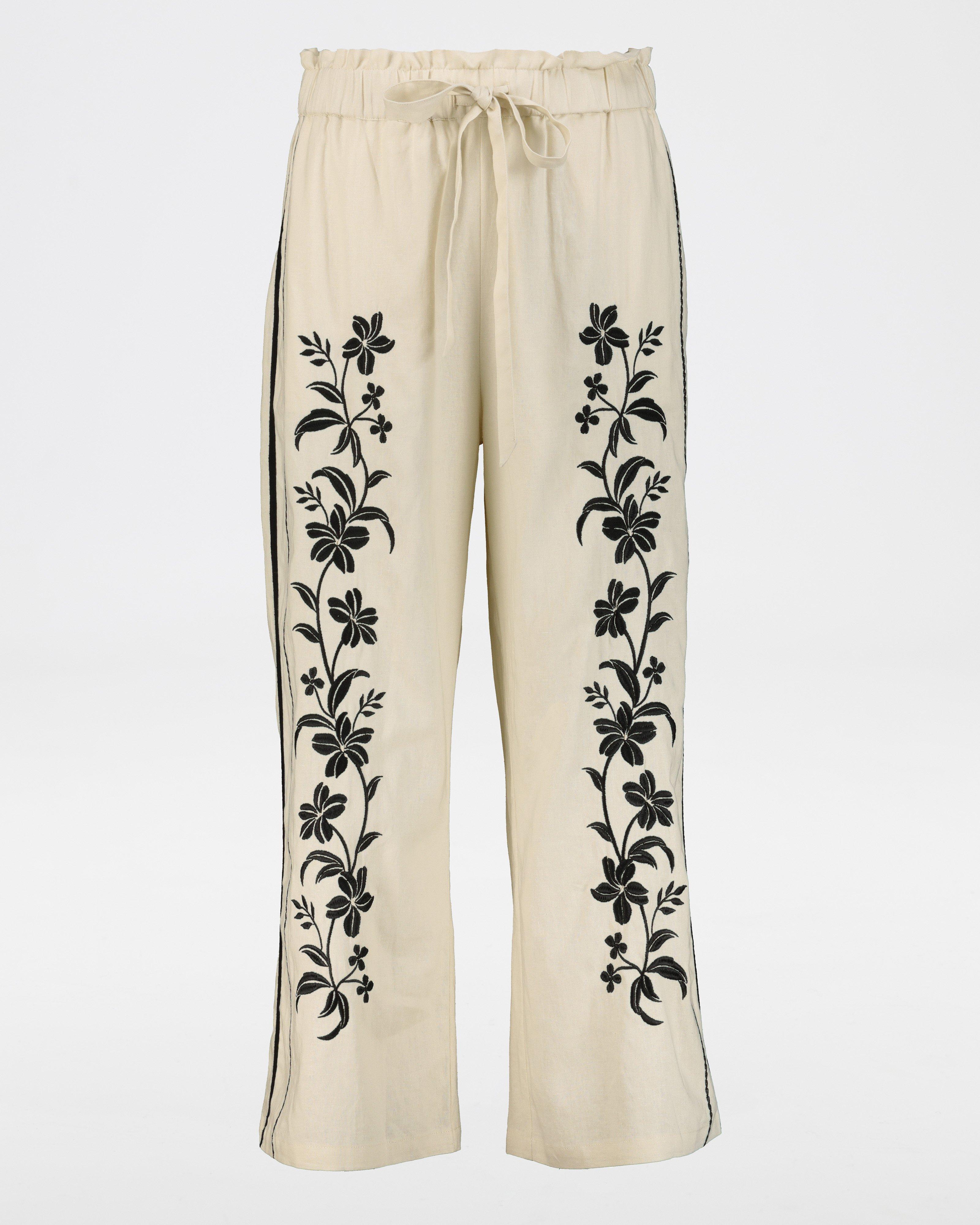 Aika Embroidered Linen Pants -  stone