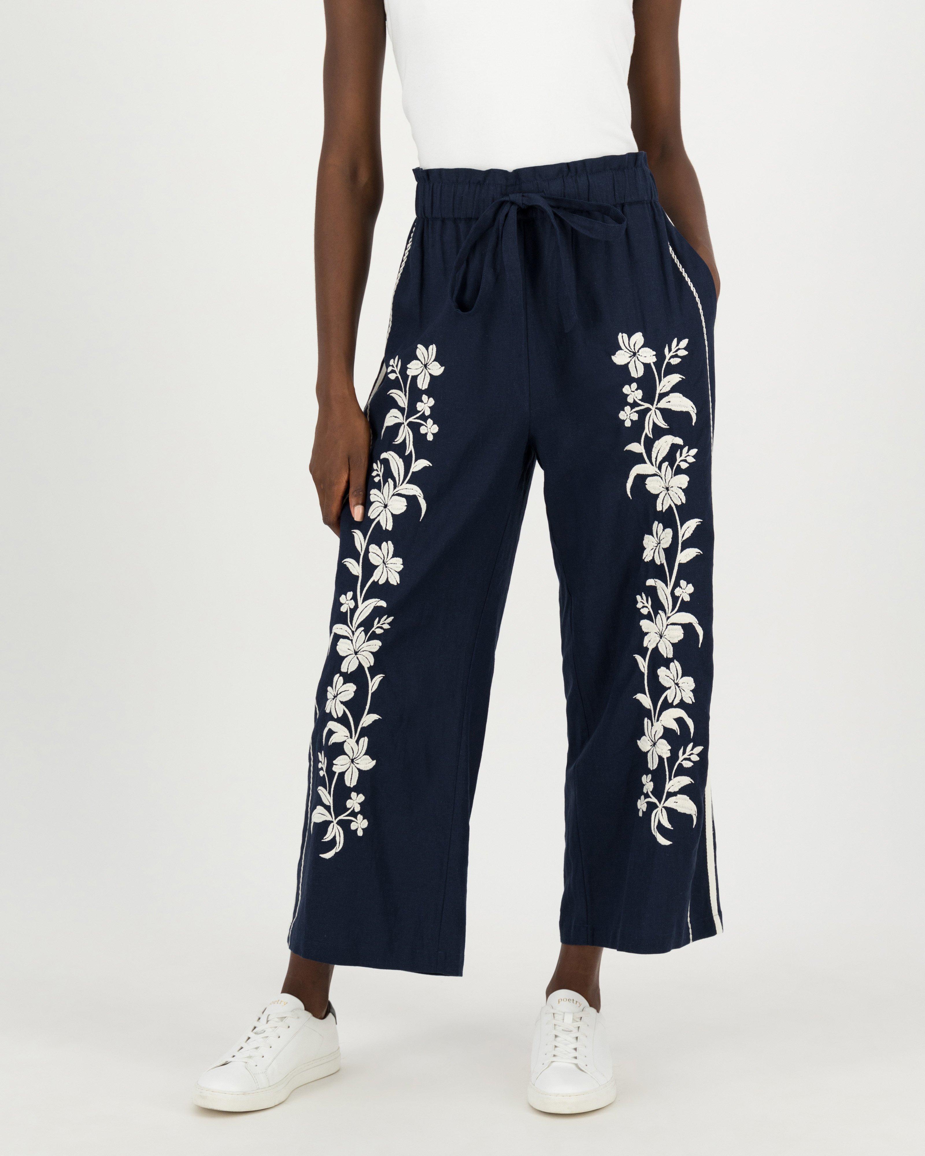 Aika Embroidered Linen Pants -  navy