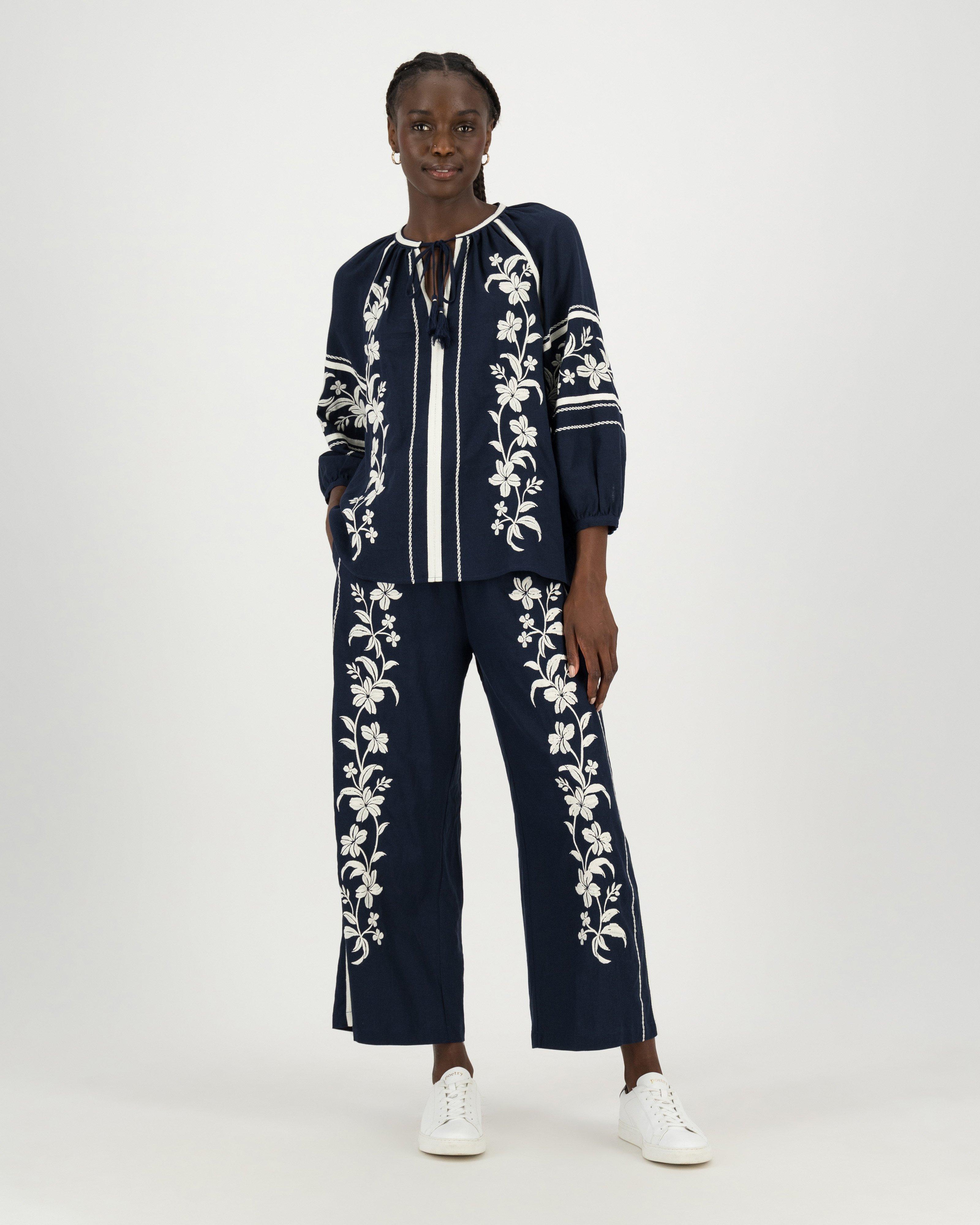 Aika Embroidered Linen Pants -  navy