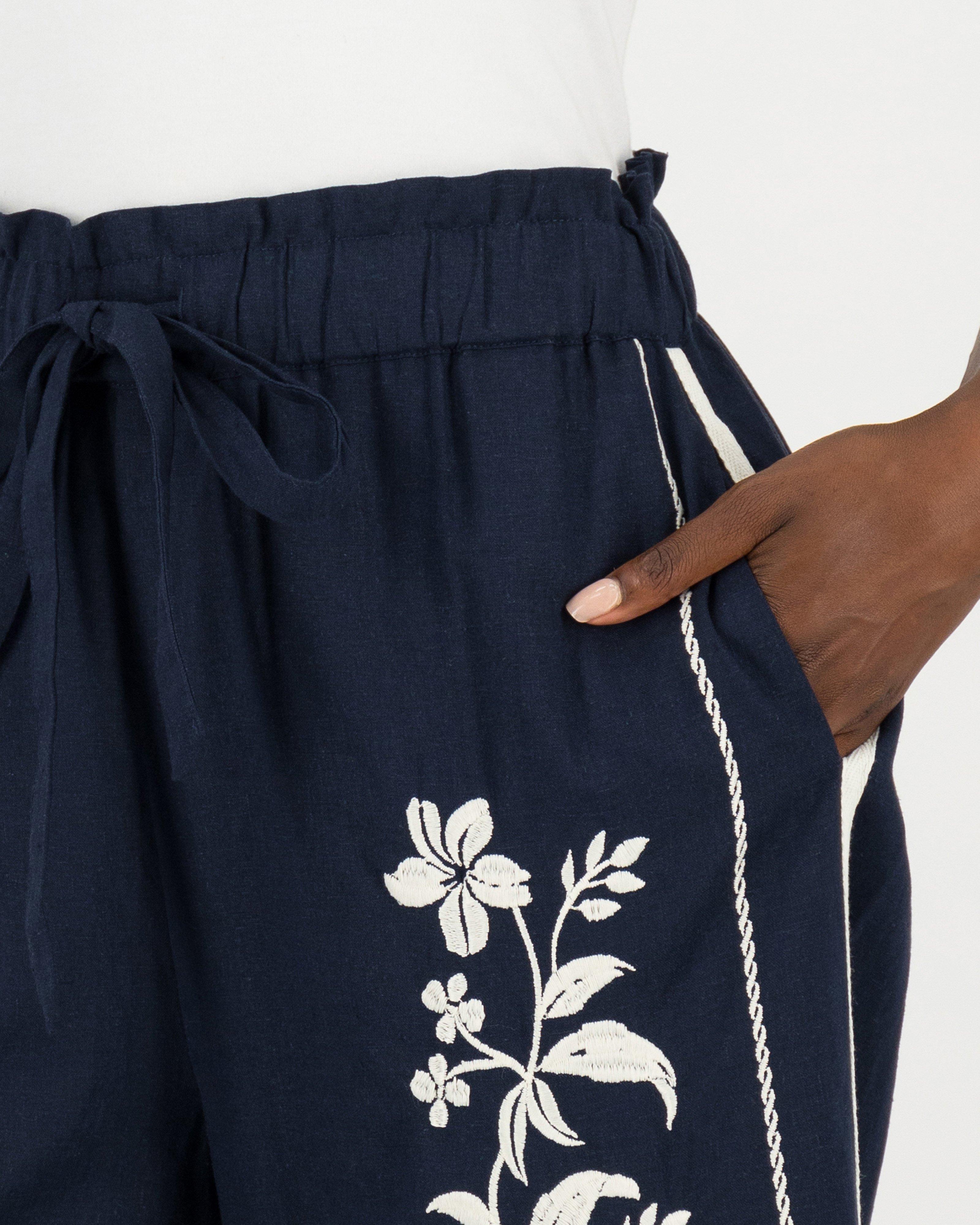 Aika Embroidered Linen Pants -  navy