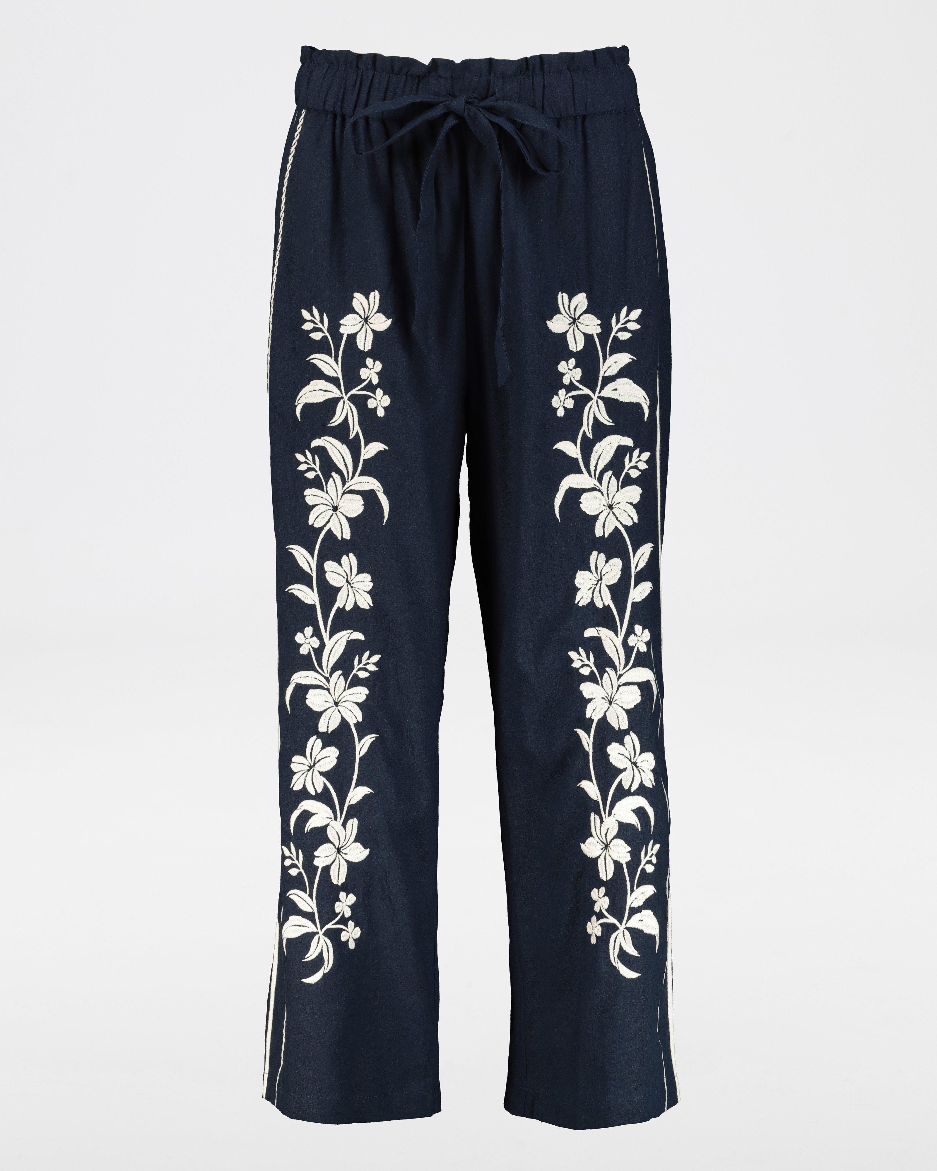 Aika Embroidered Linen Pants -  navy