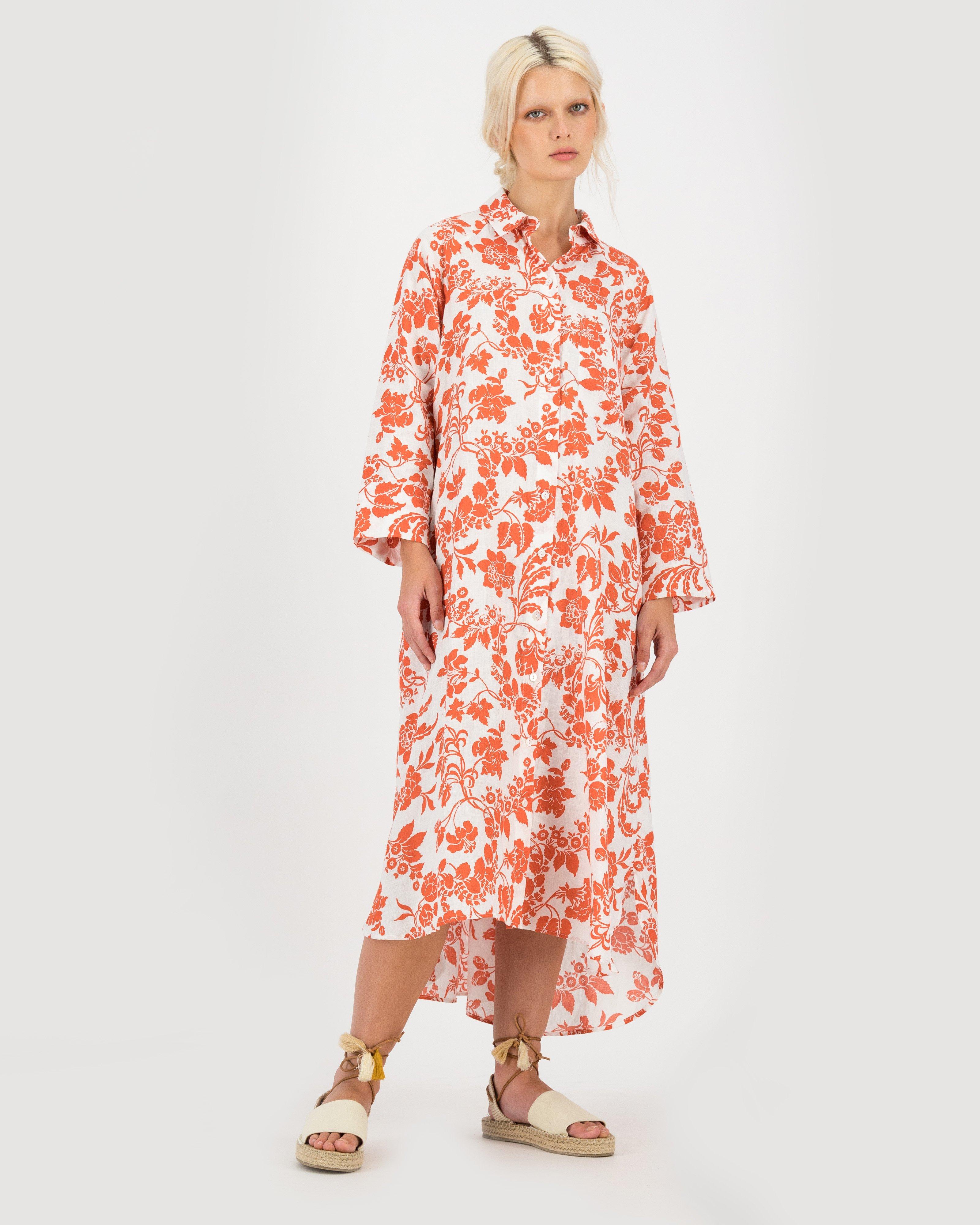 Inaya Printed Shirt Dress -  orange