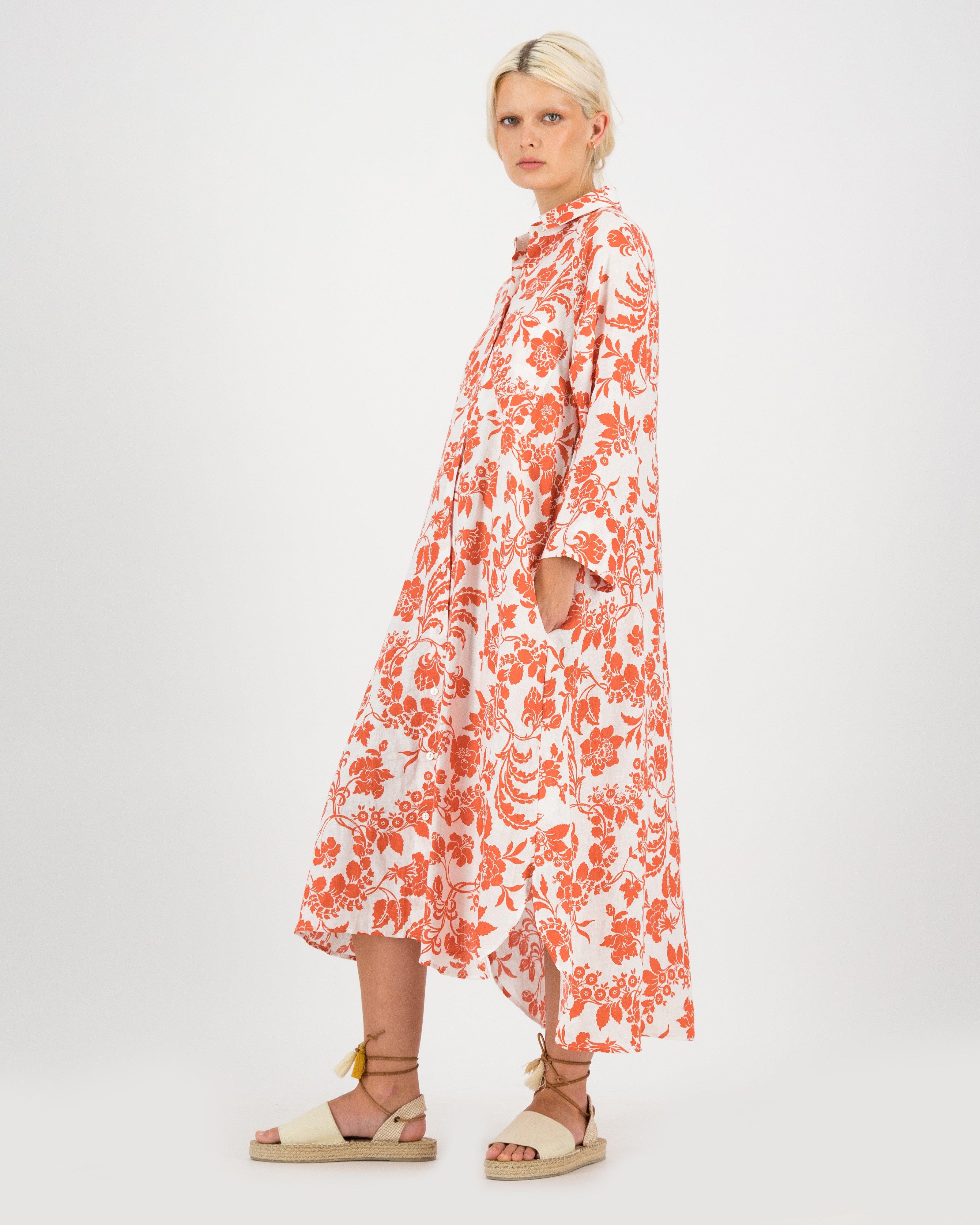 Inaya Printed Shirt Dress -  orange