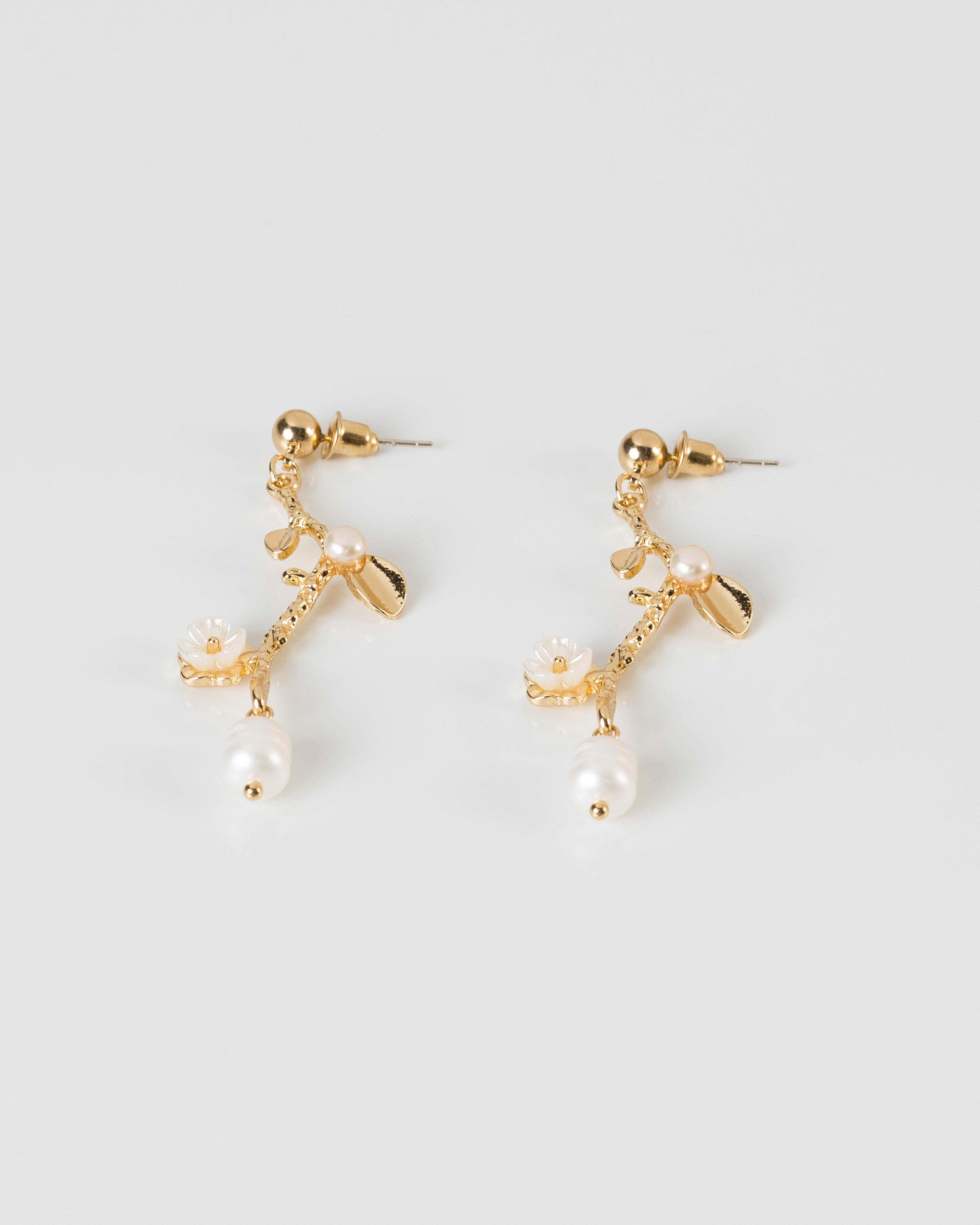 Freshwater Pearl & Mother of Pearl Leaf Drop Earrings -  milk