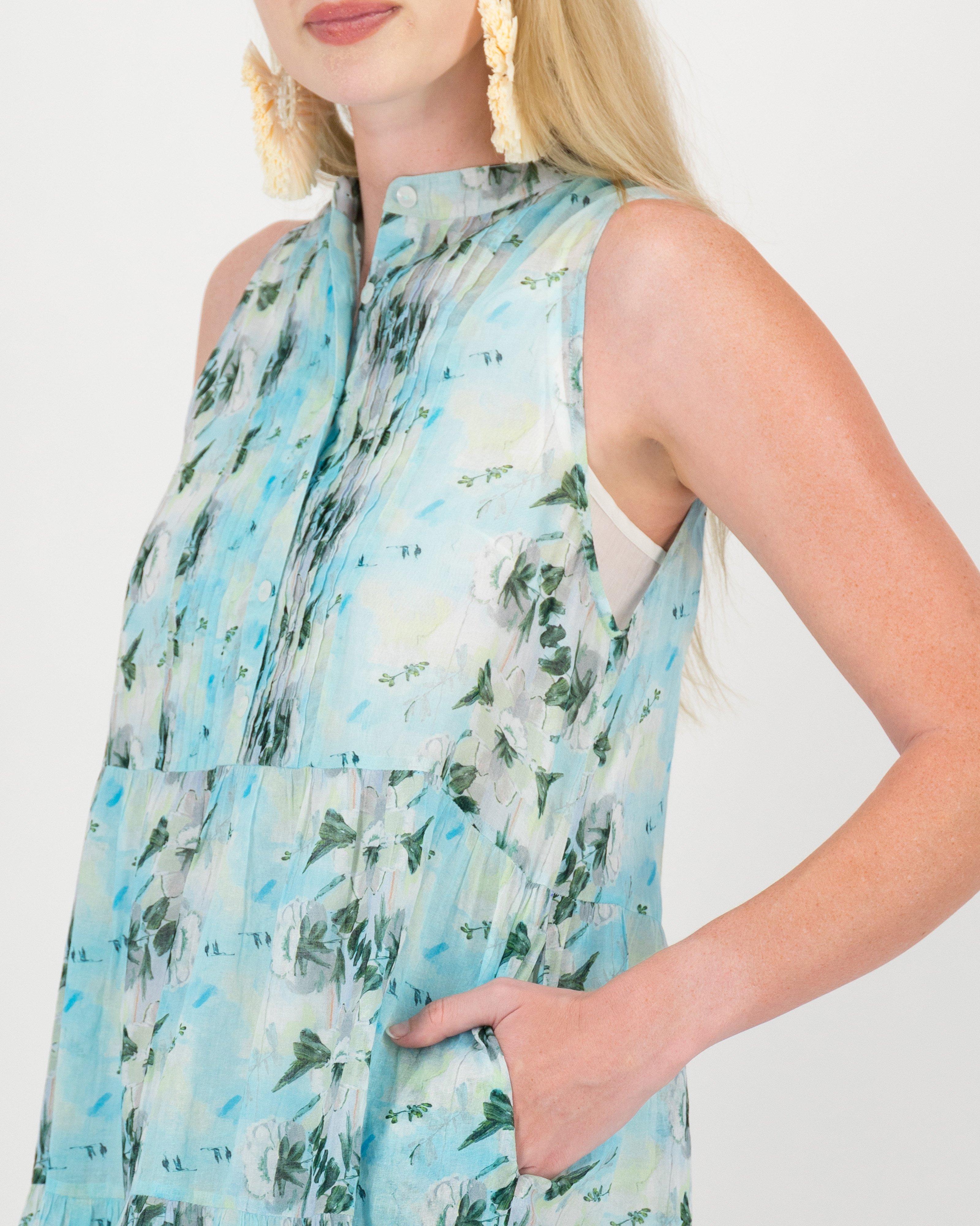 Jeanne Hoffman x Poetry Green Summer Tiered Dress -  blue