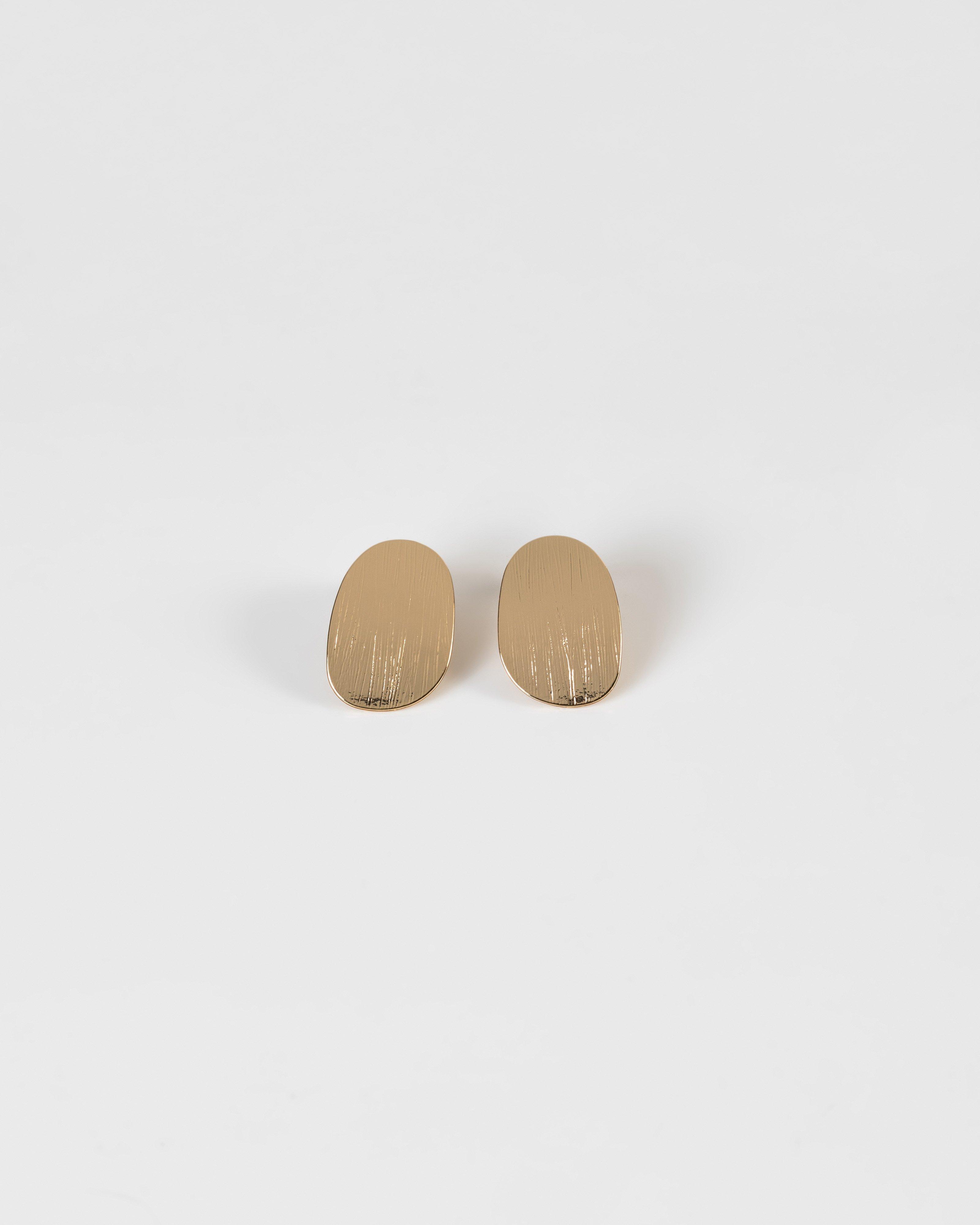 Brushed Oval Disk Stud Earrings -  gold