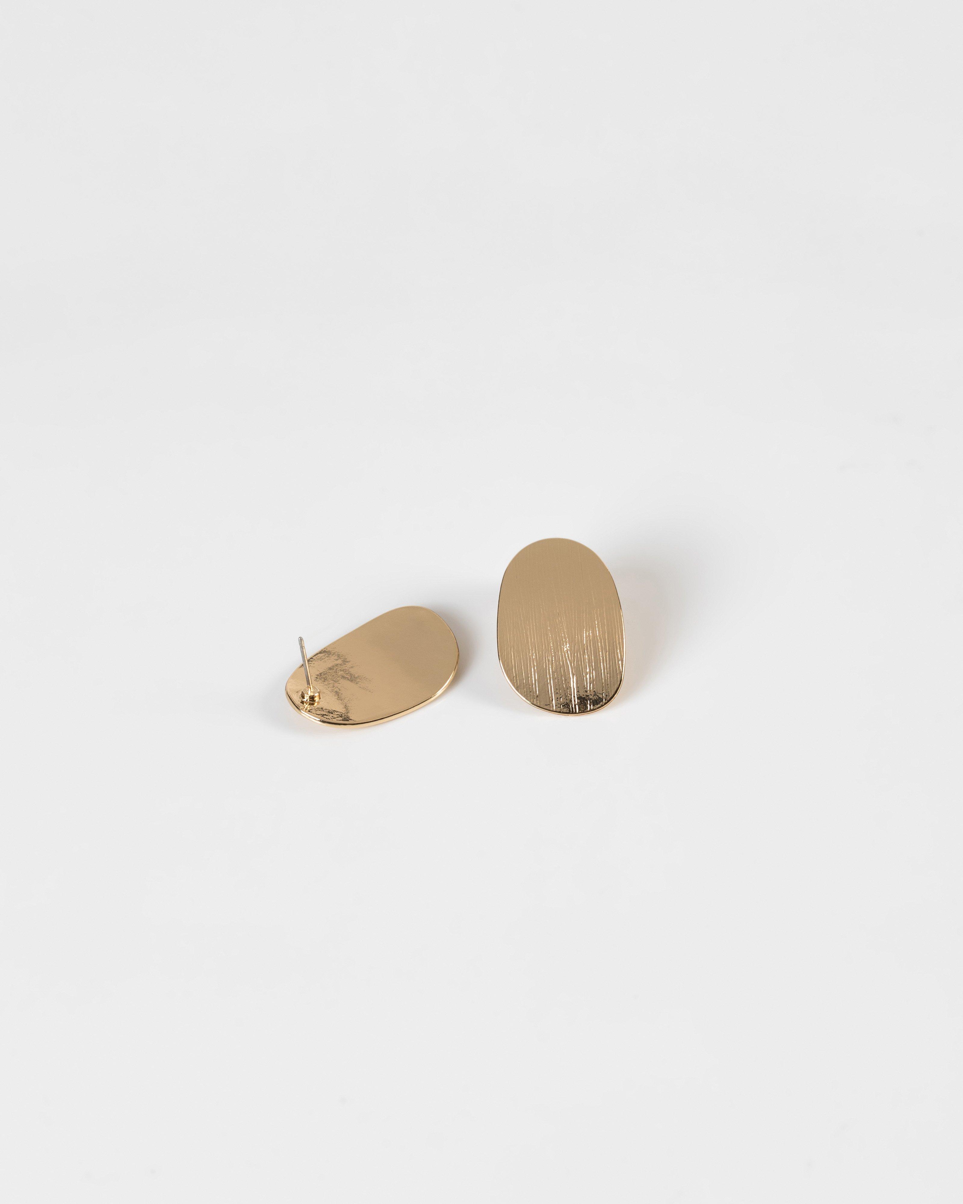 Brushed Oval Disk Stud Earrings -  gold