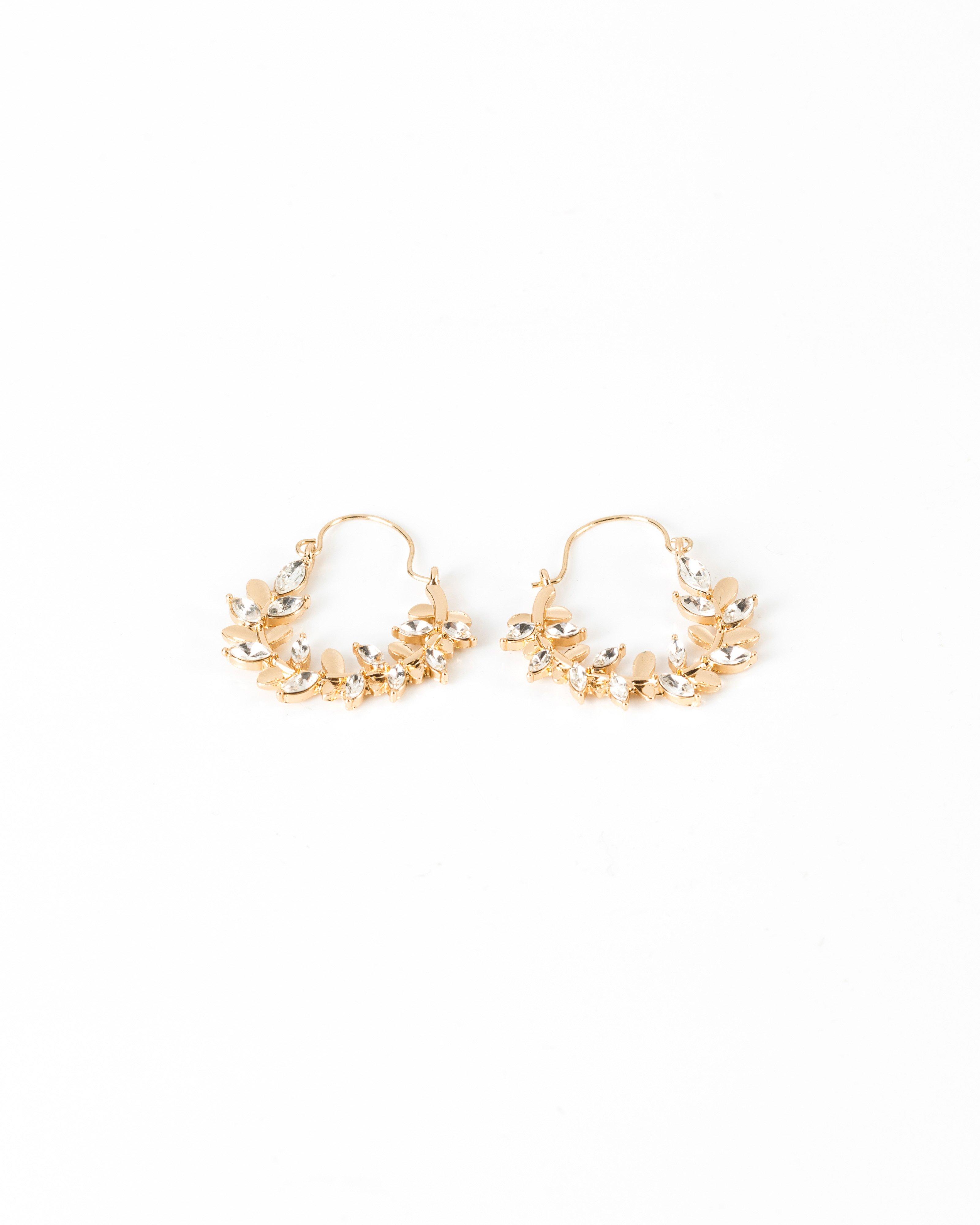 Stone Inset Leaf Hoop Earrings -  camo