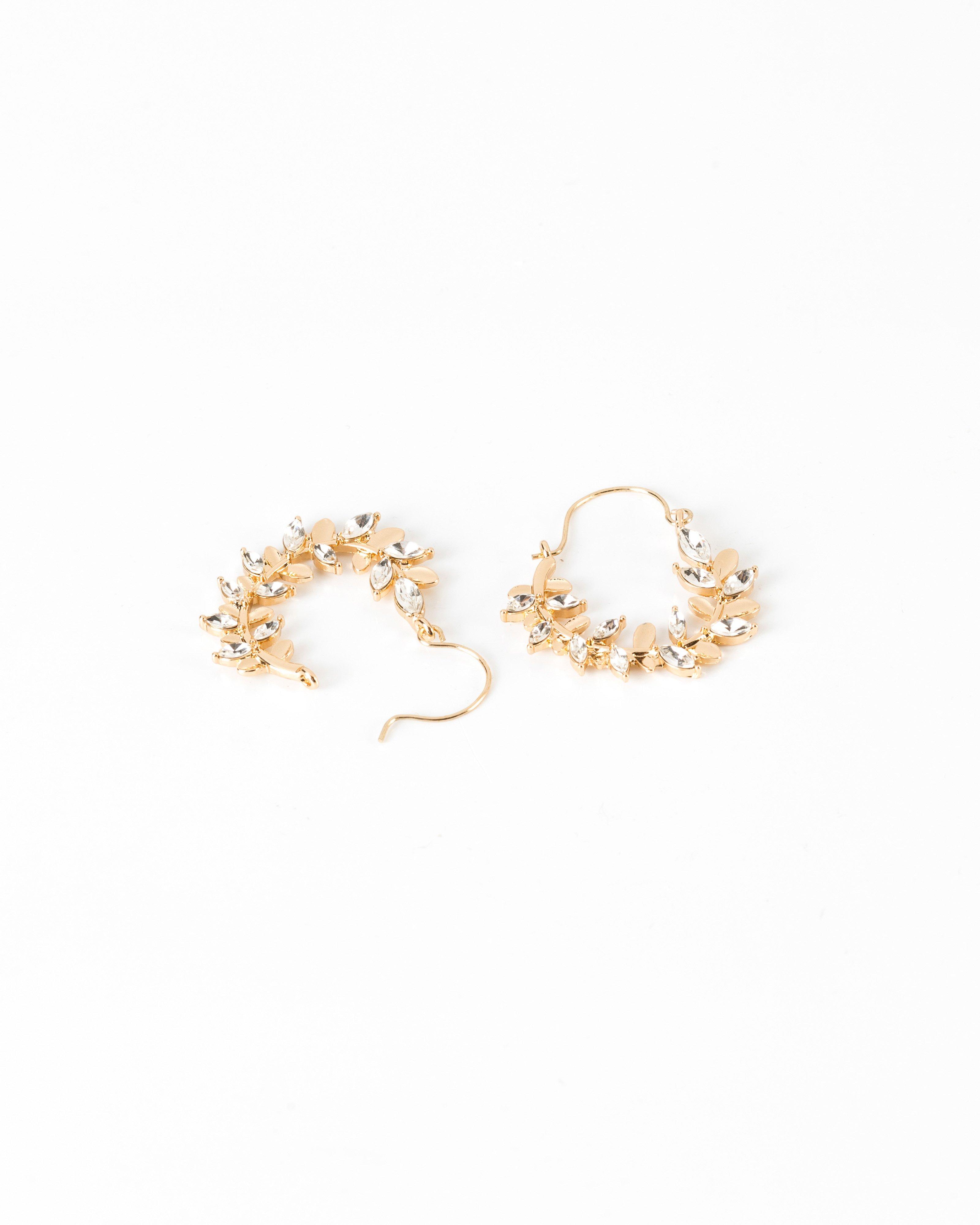 Stone Inset Leaf Hoop Earrings -  camo