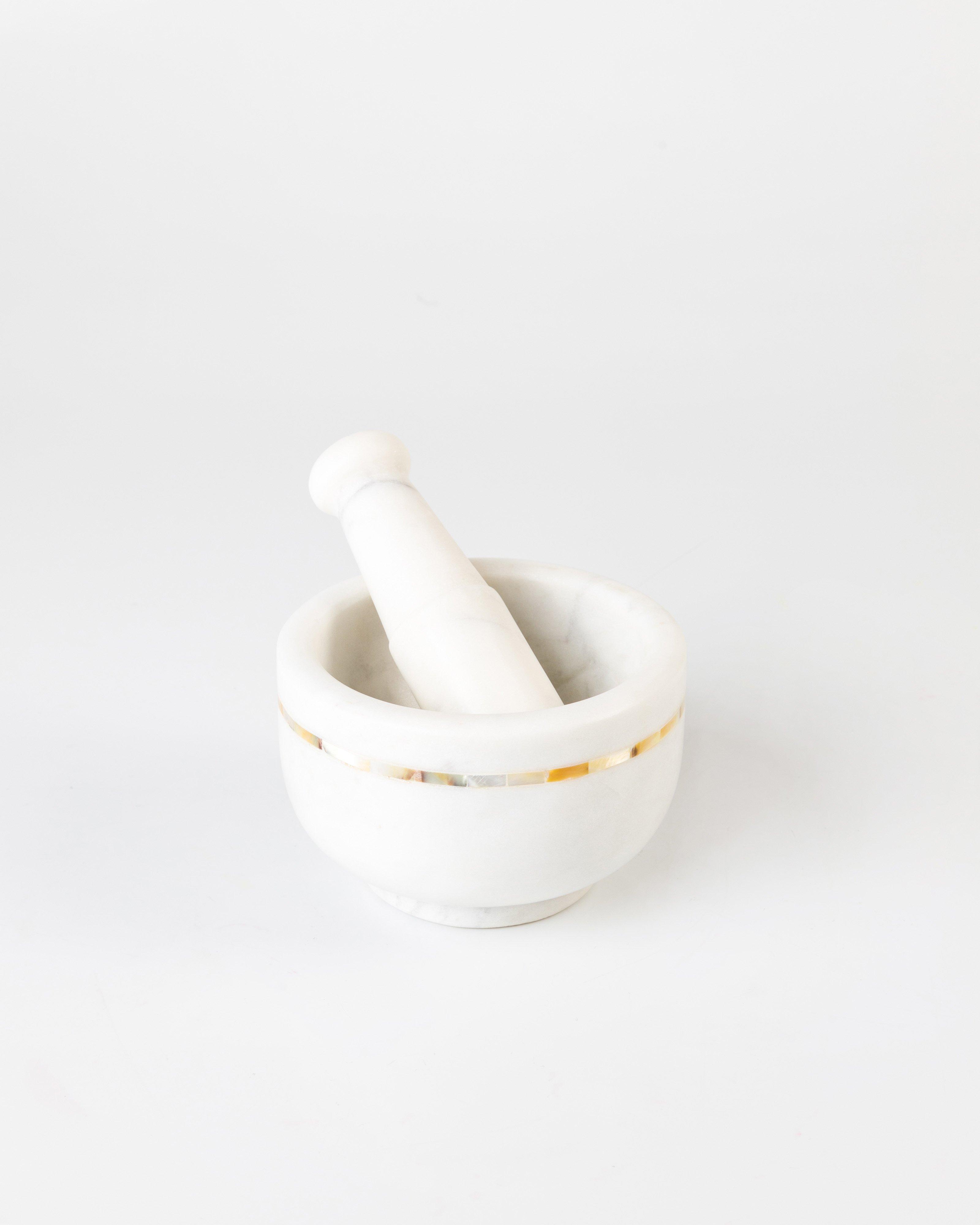 Marble & Mother of Pearl Pestle & Mortar Set -  white