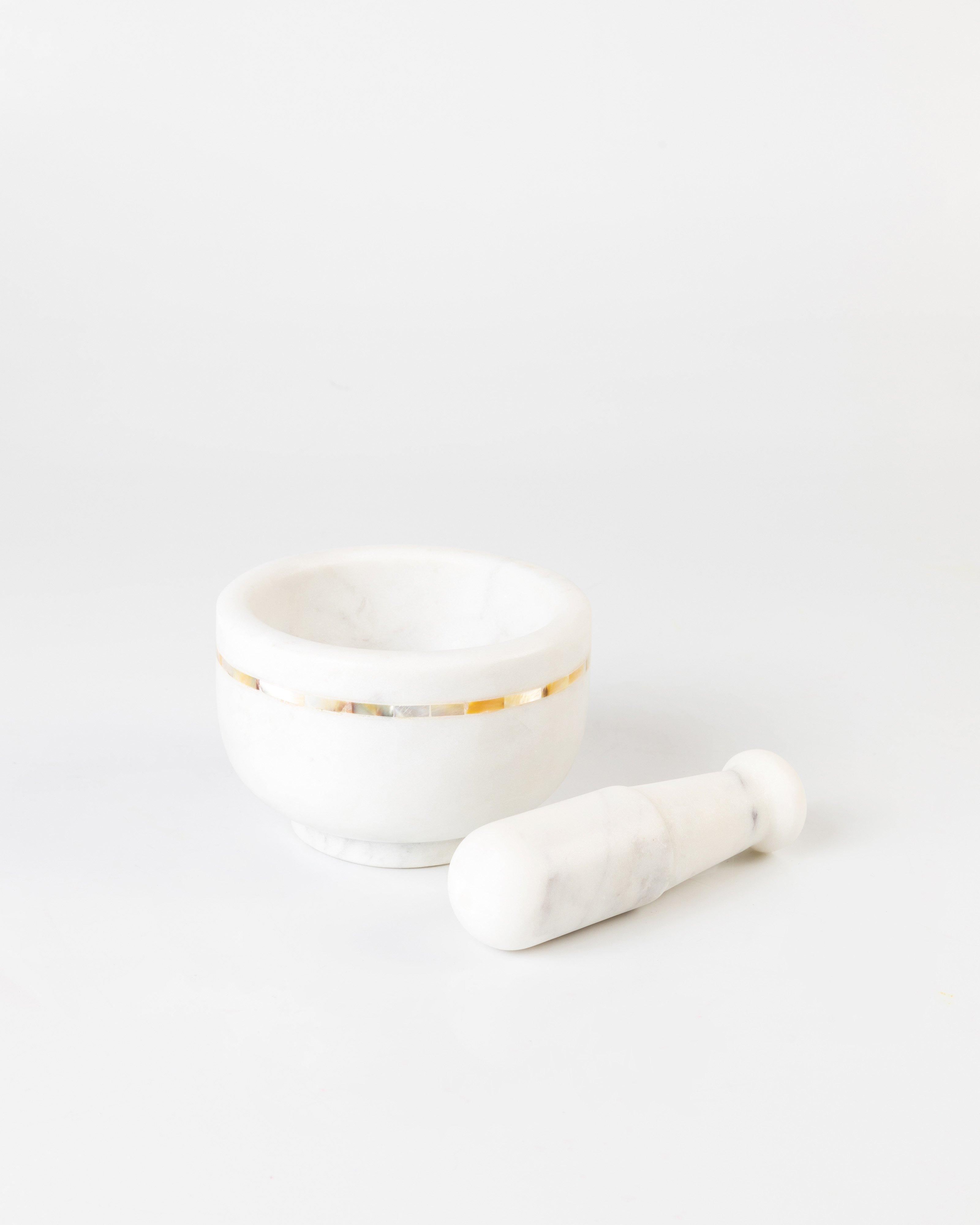 Marble & Mother of Pearl Pestle & Mortar Set -  white