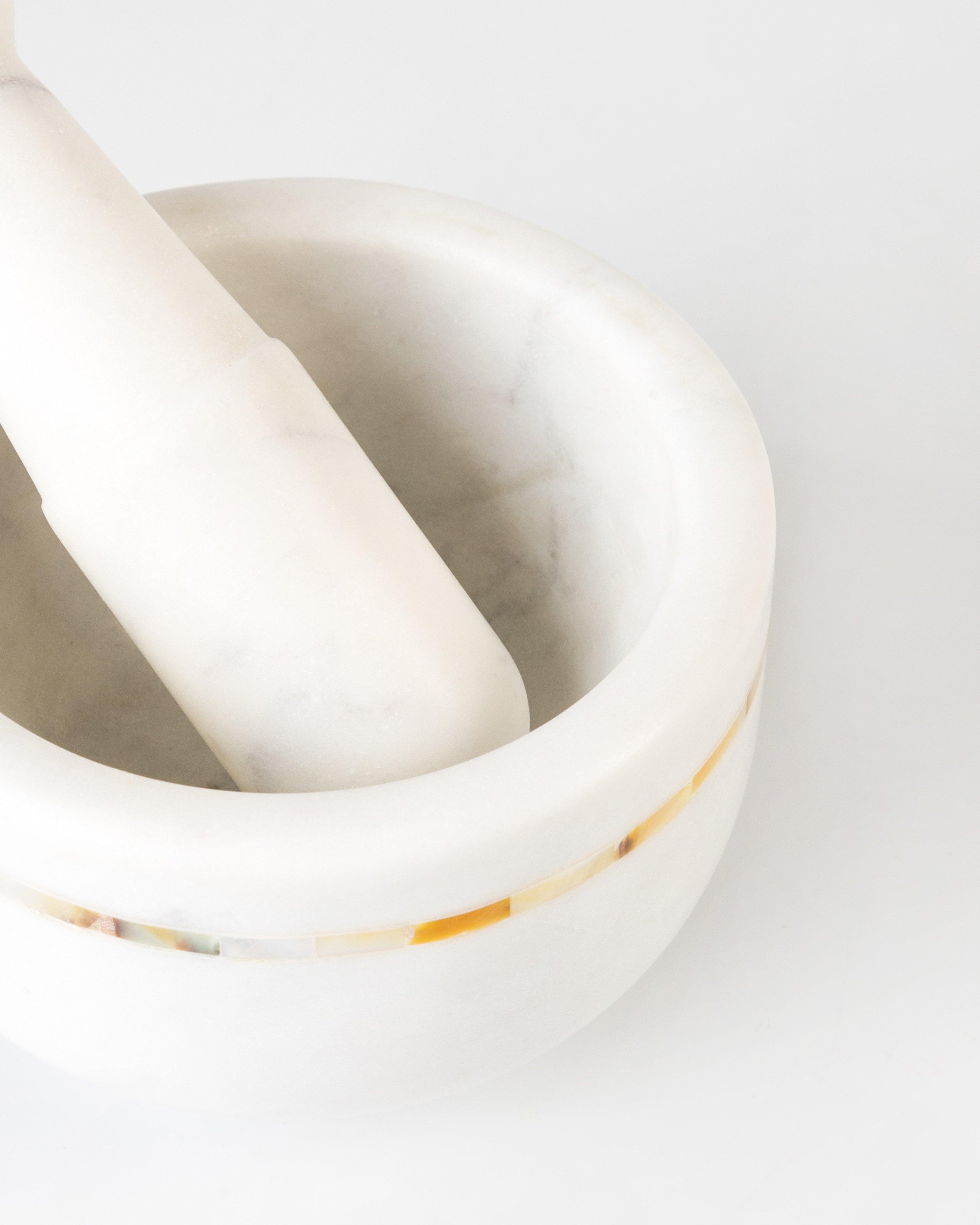 Marble & Mother of Pearl Pestle & Mortar Set -  white