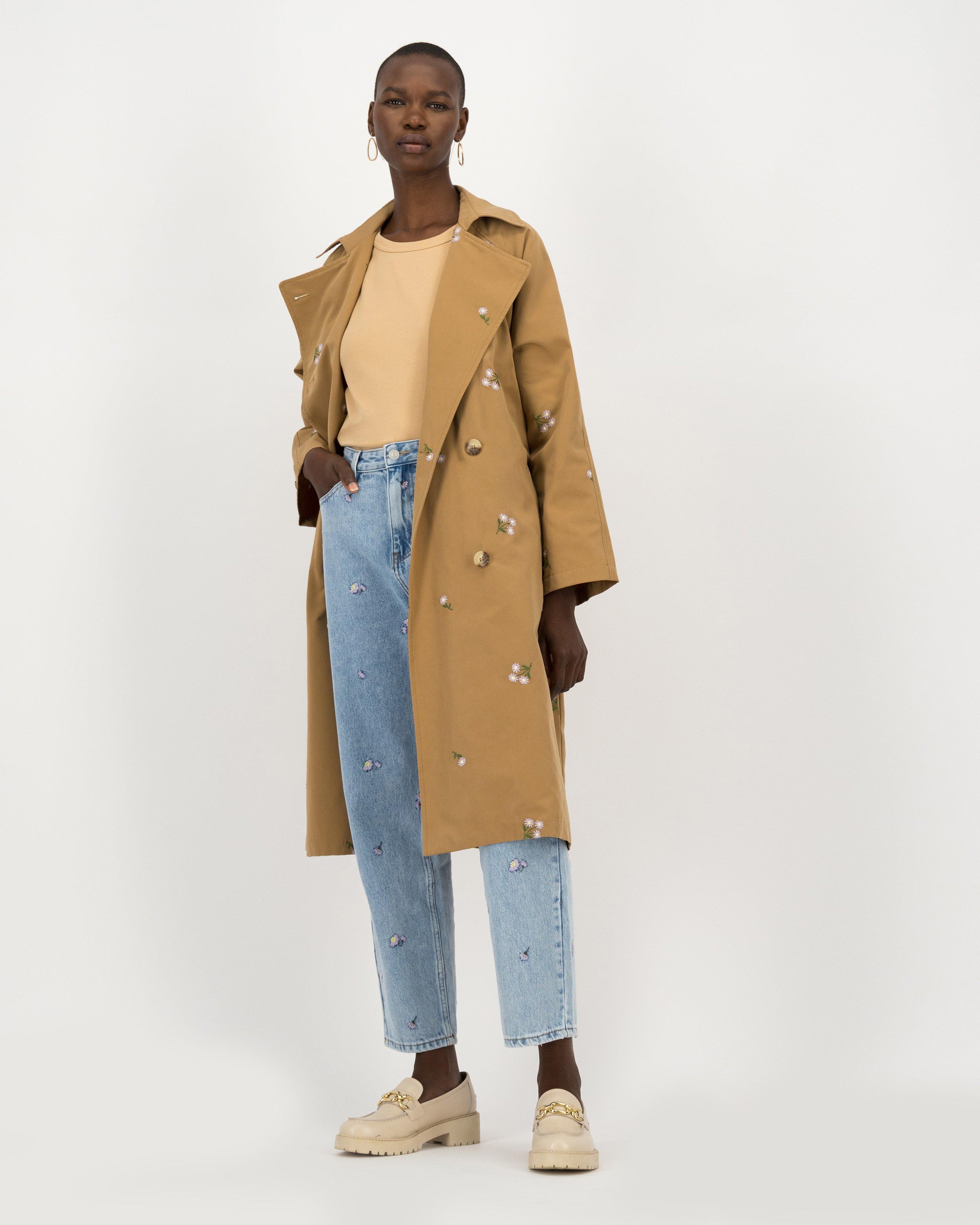 Mio Embroidered Trench Coat -  stone