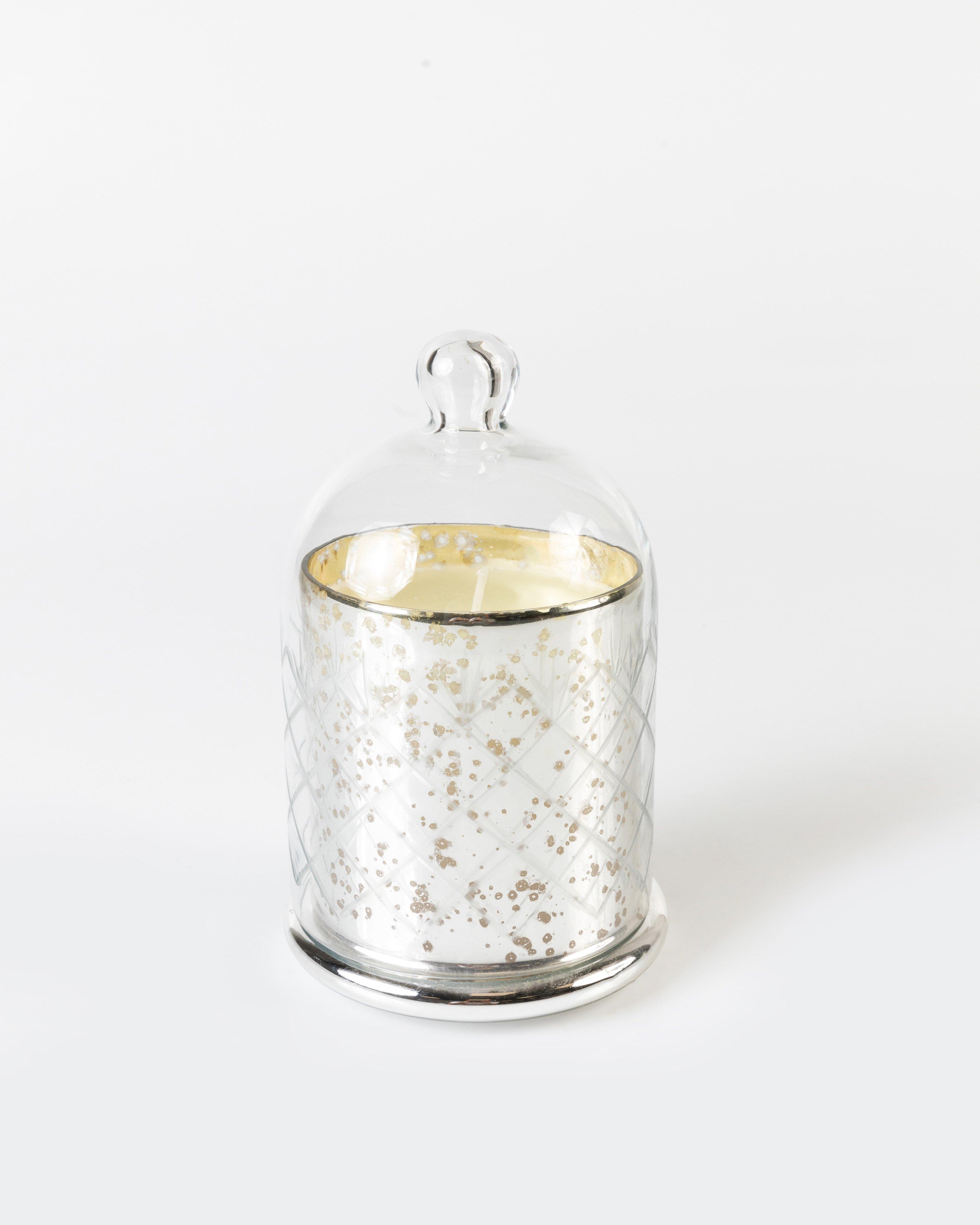 Etched Candle with Glass Cloche -  silver