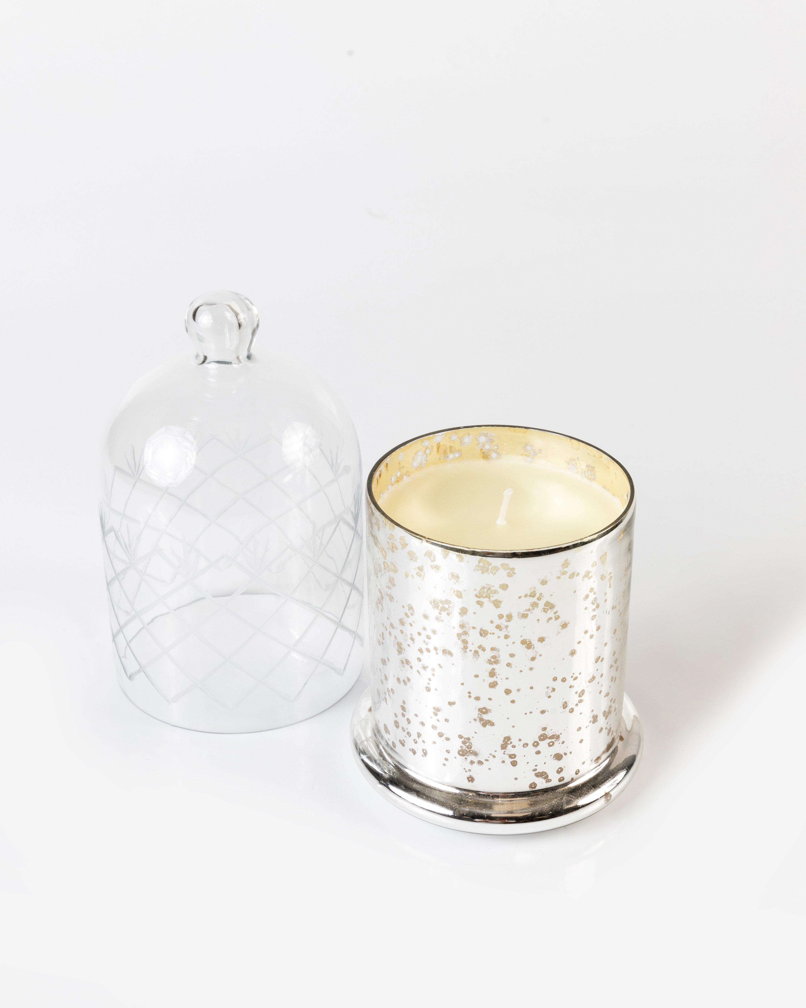 Etched Candle with Glass Cloche -  silver