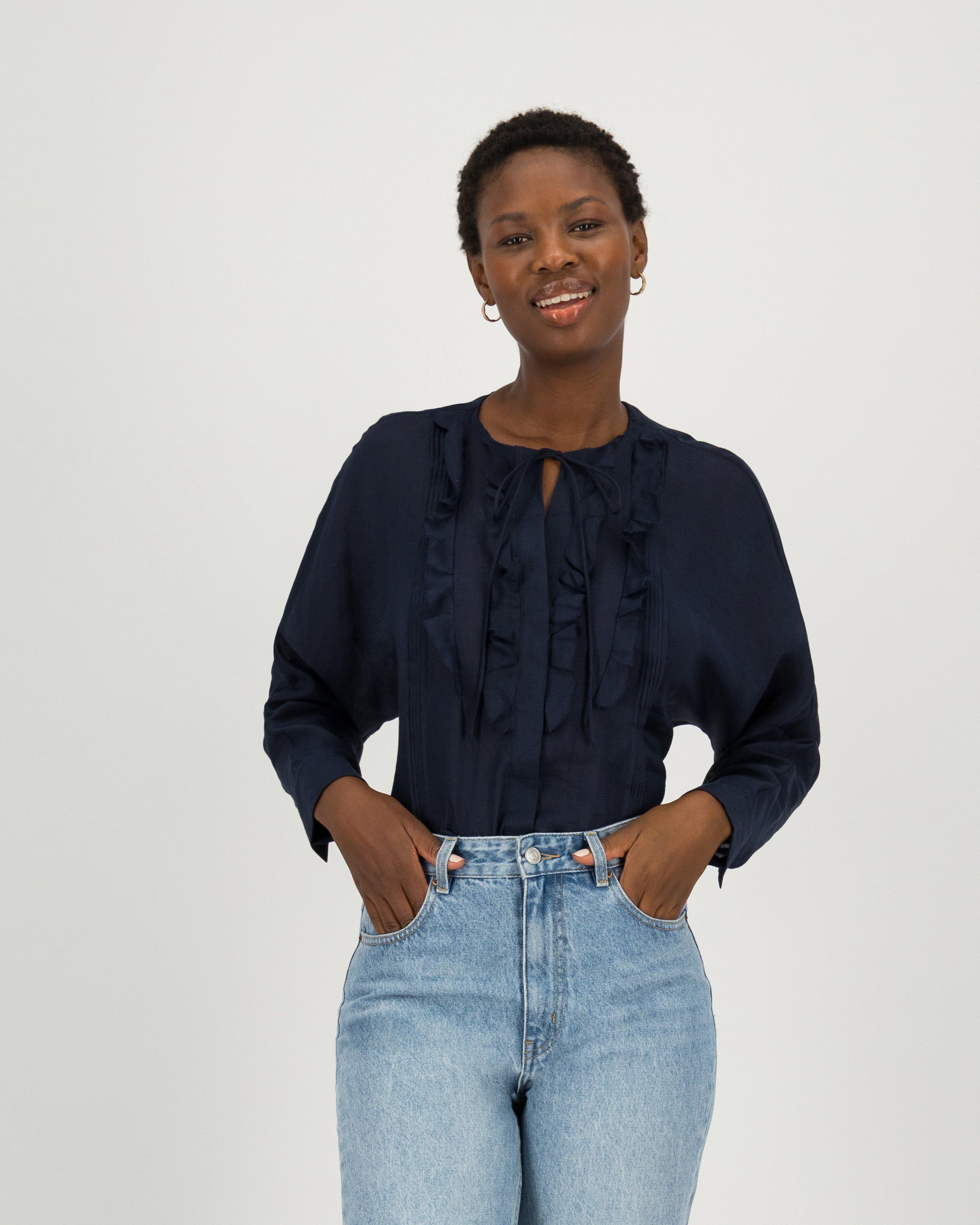 Kerry Ruffle Detail Blouse -  navy