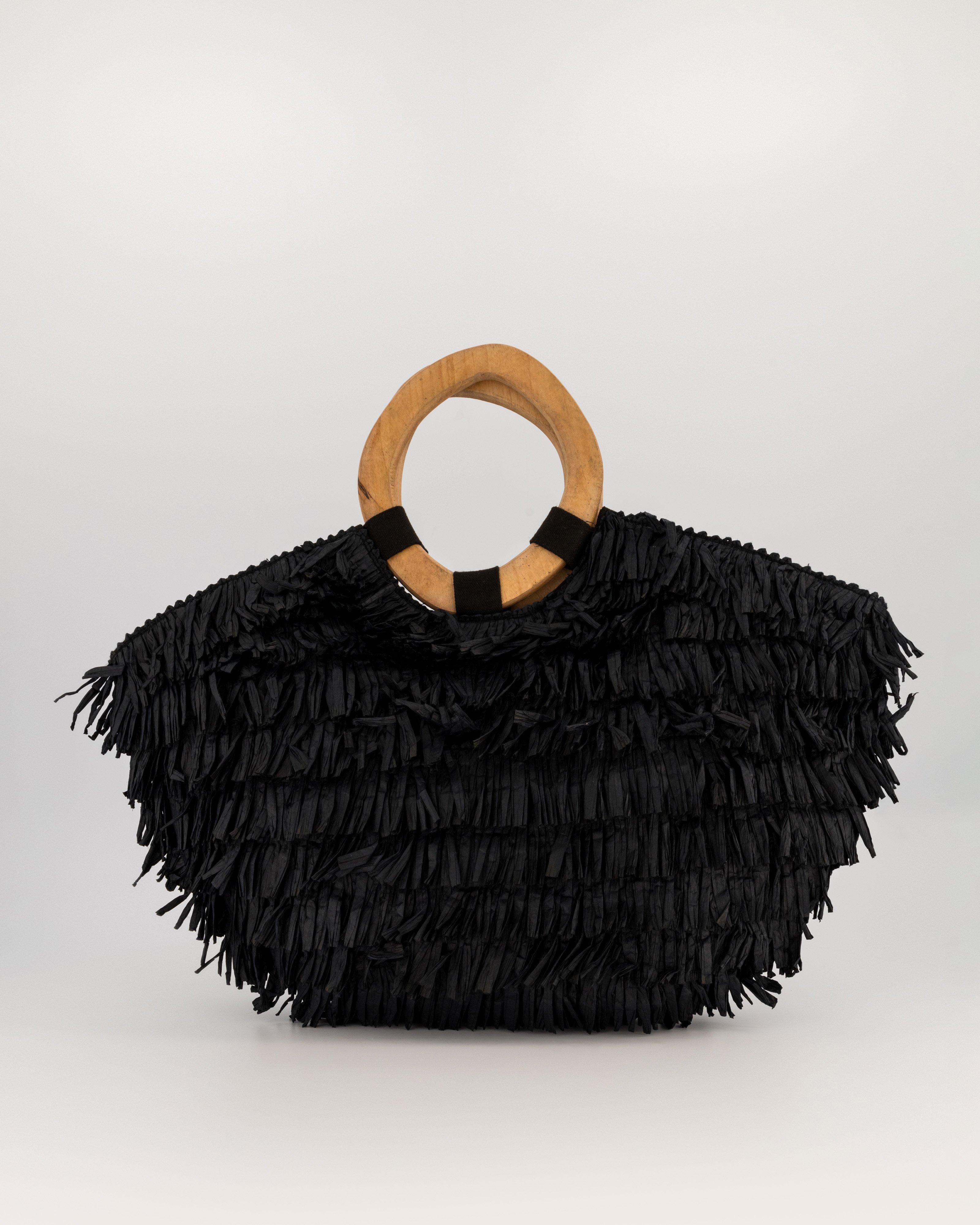 Chanda Raffia Fringe Handbag -  black