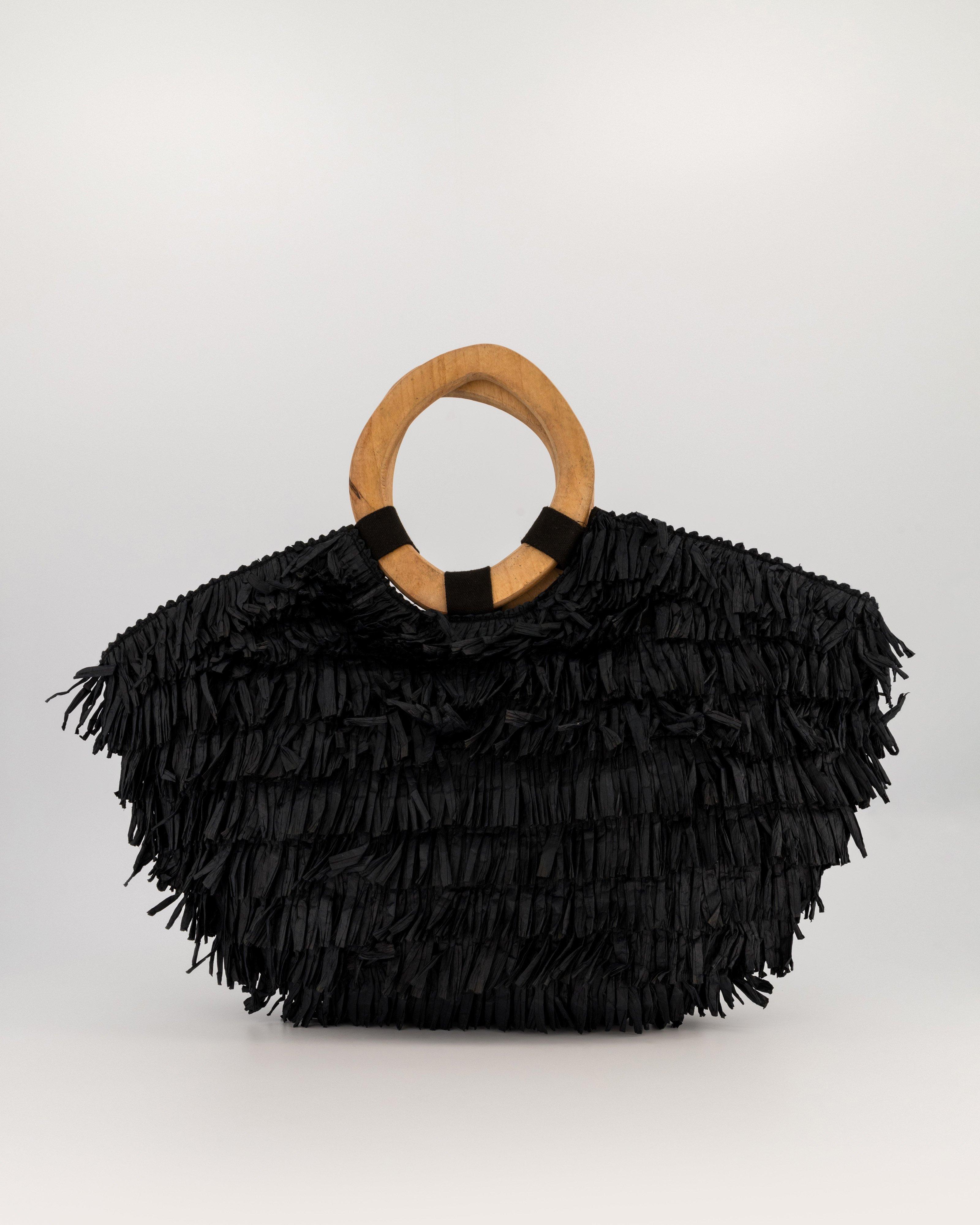 Chanda Raffia Fringe Handbag -  black