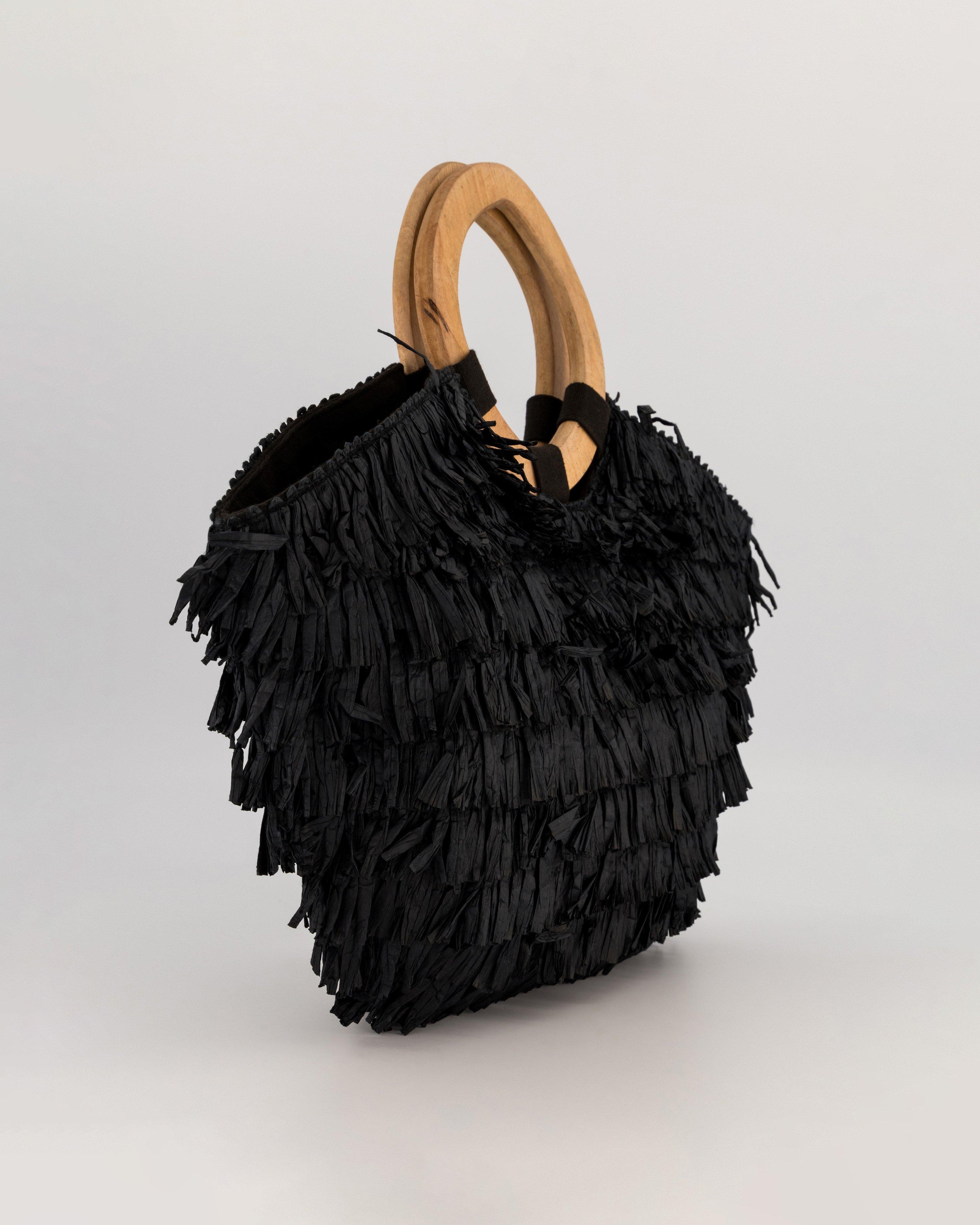 Chanda Raffia Fringe Handbag -  black