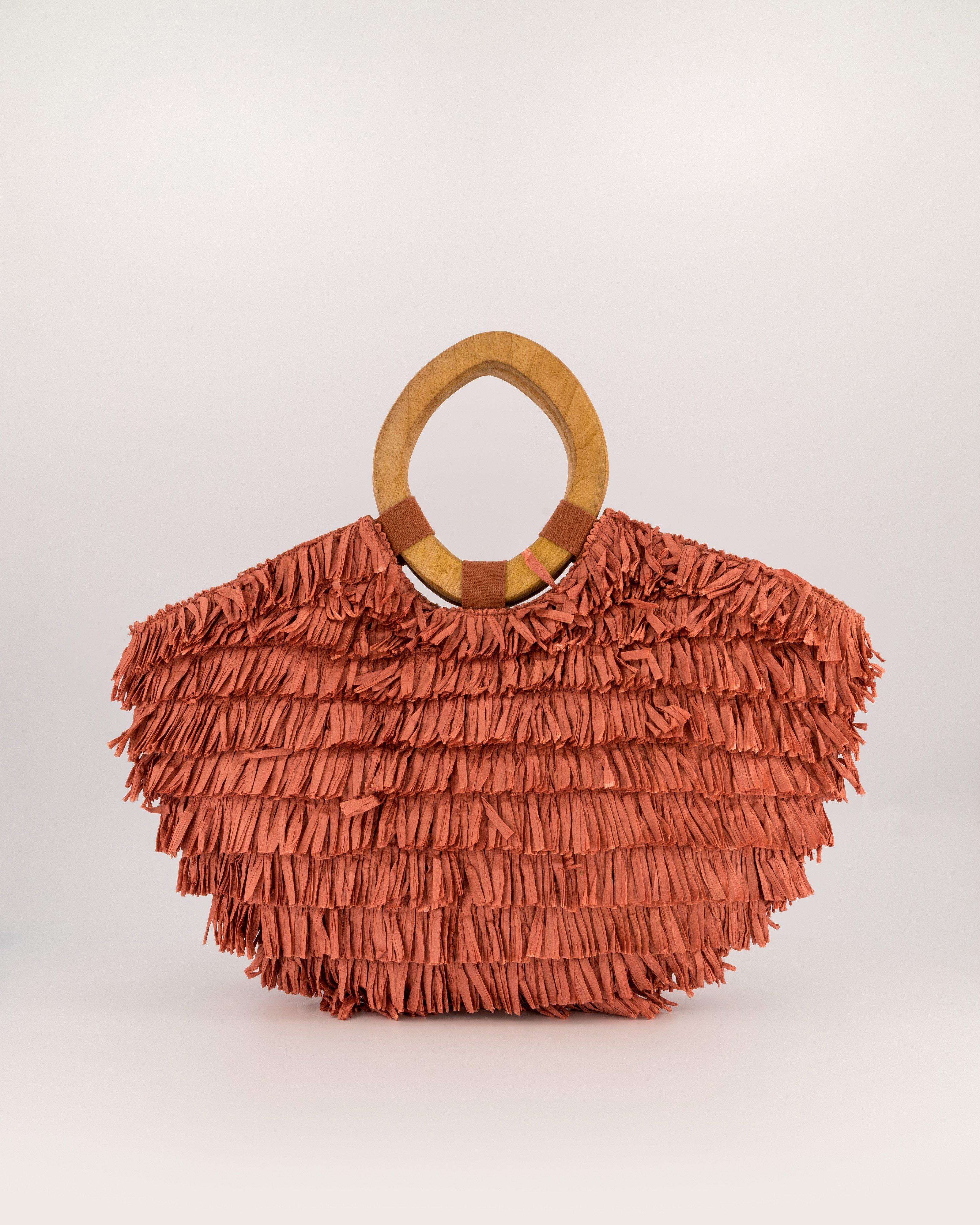 Chanda Raffia Fringe Handbag -  coral