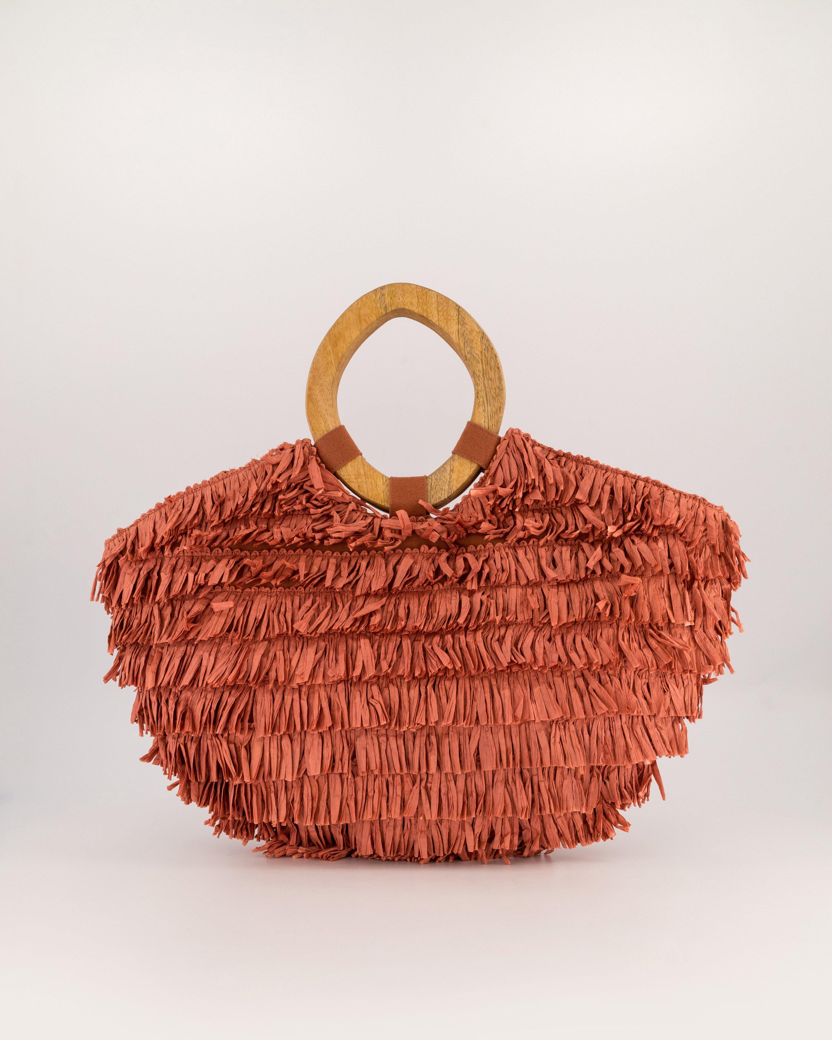 Chanda Raffia Fringe Handbag -  coral