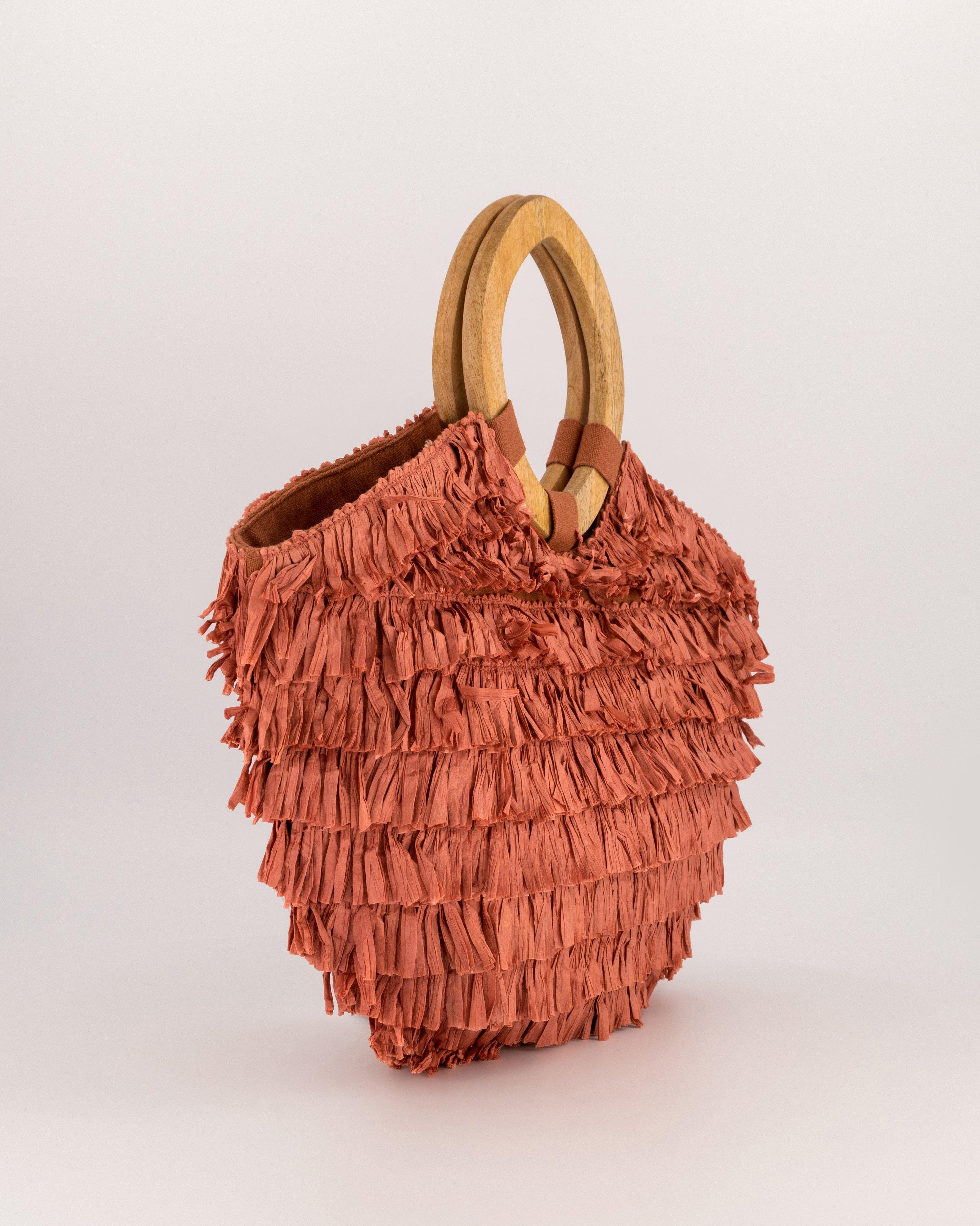 Chanda Raffia Fringe Handbag -  coral