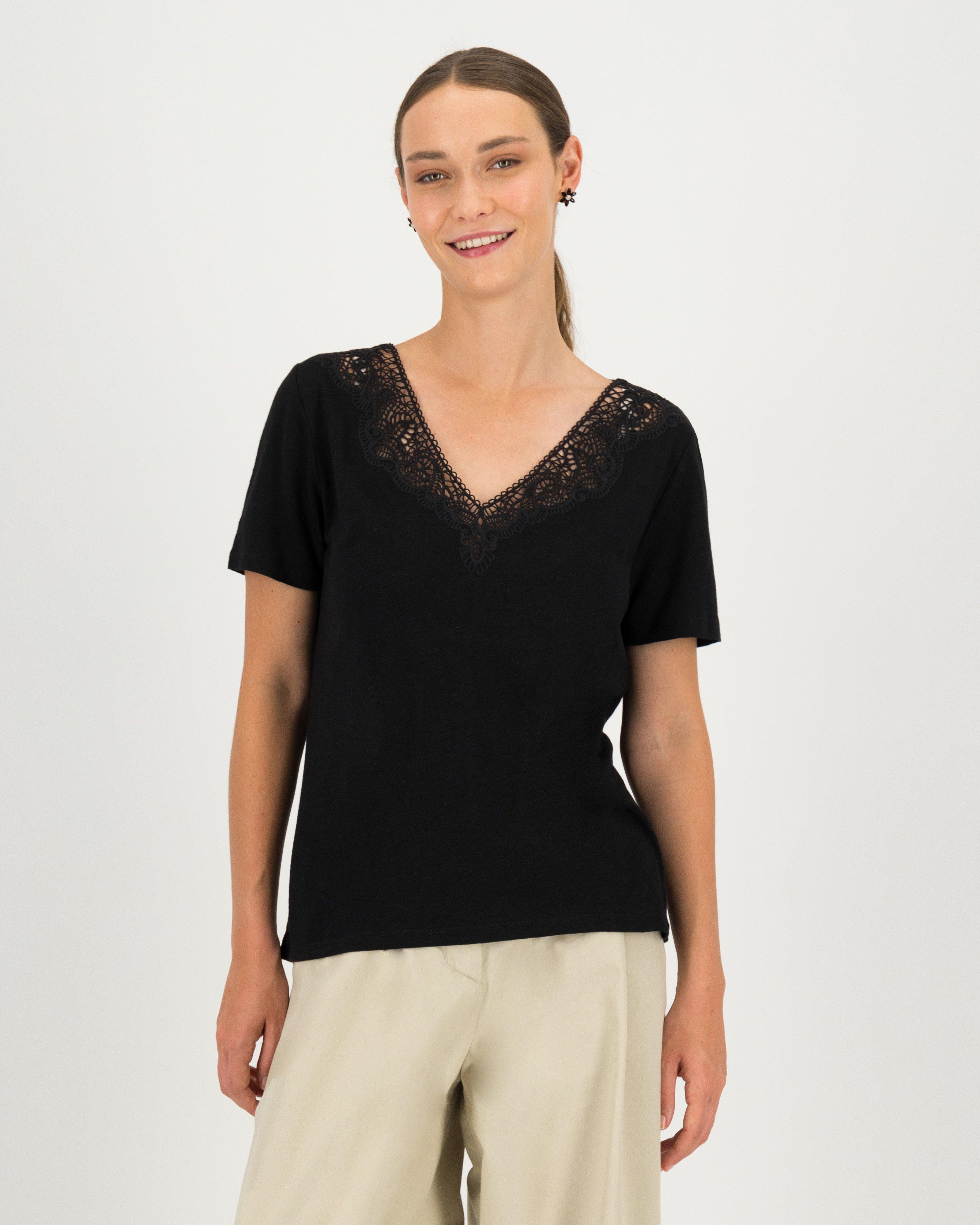 Ines V-Neck Lace T-Shirt -  black