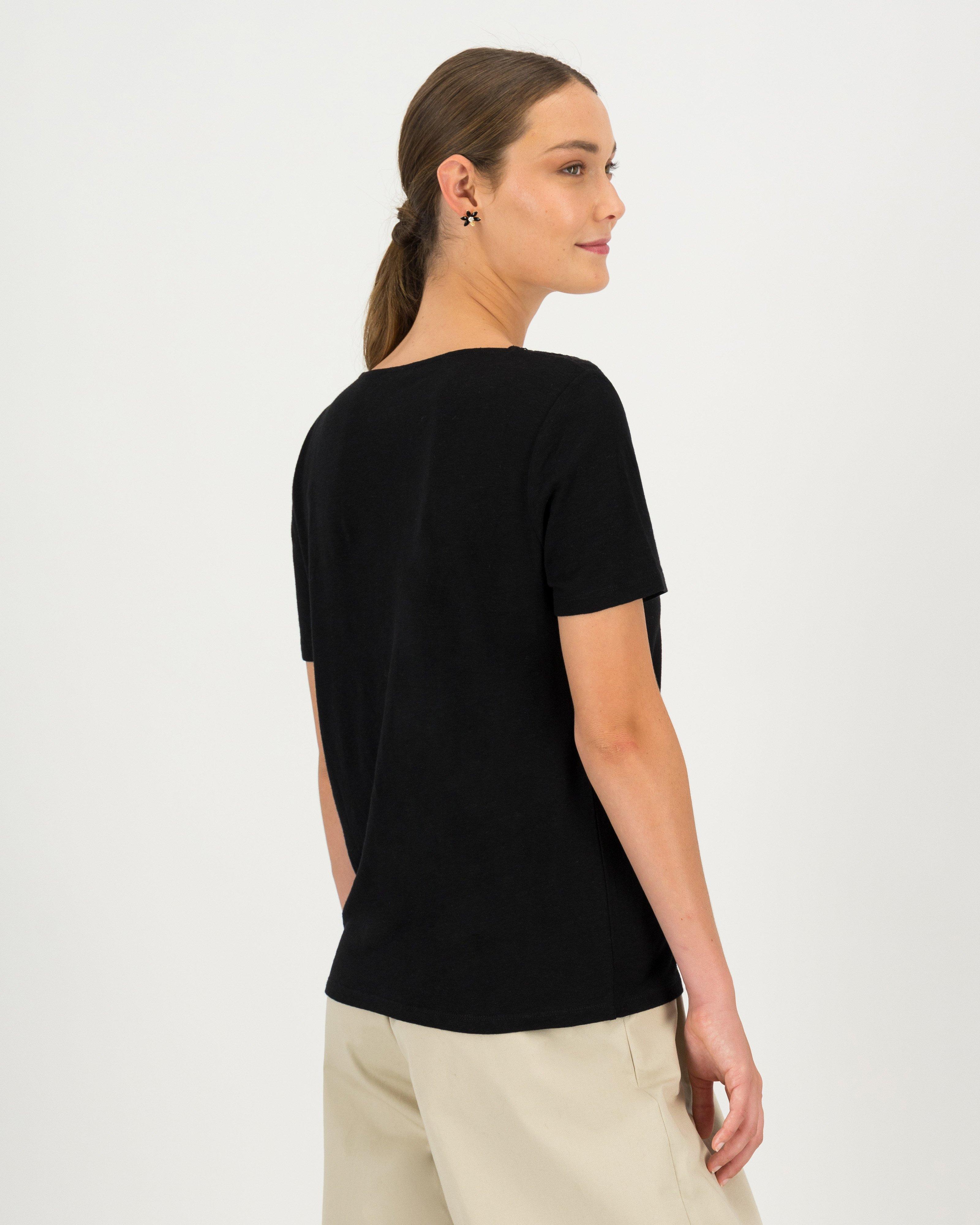 Ines V-Neck Lace T-Shirt -  black