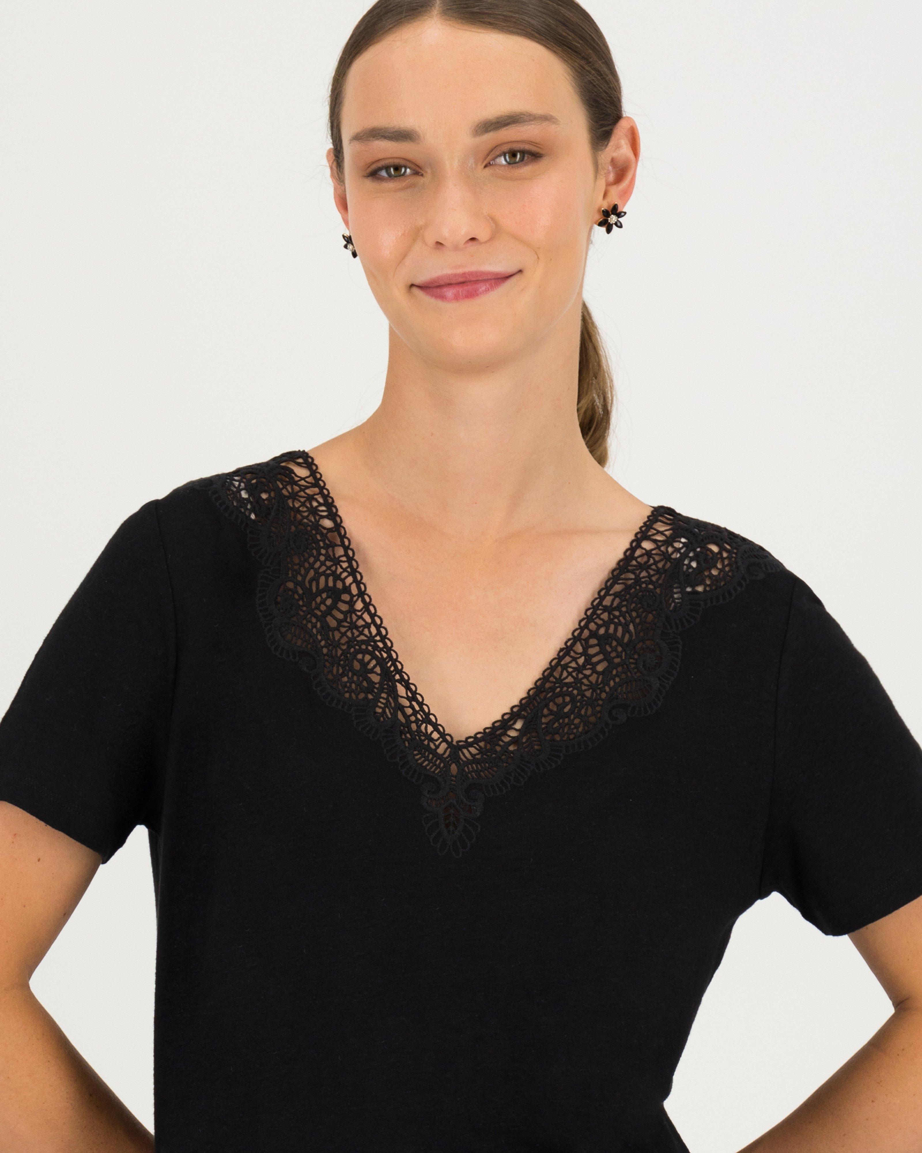 Ines V-Neck Lace T-Shirt -  black