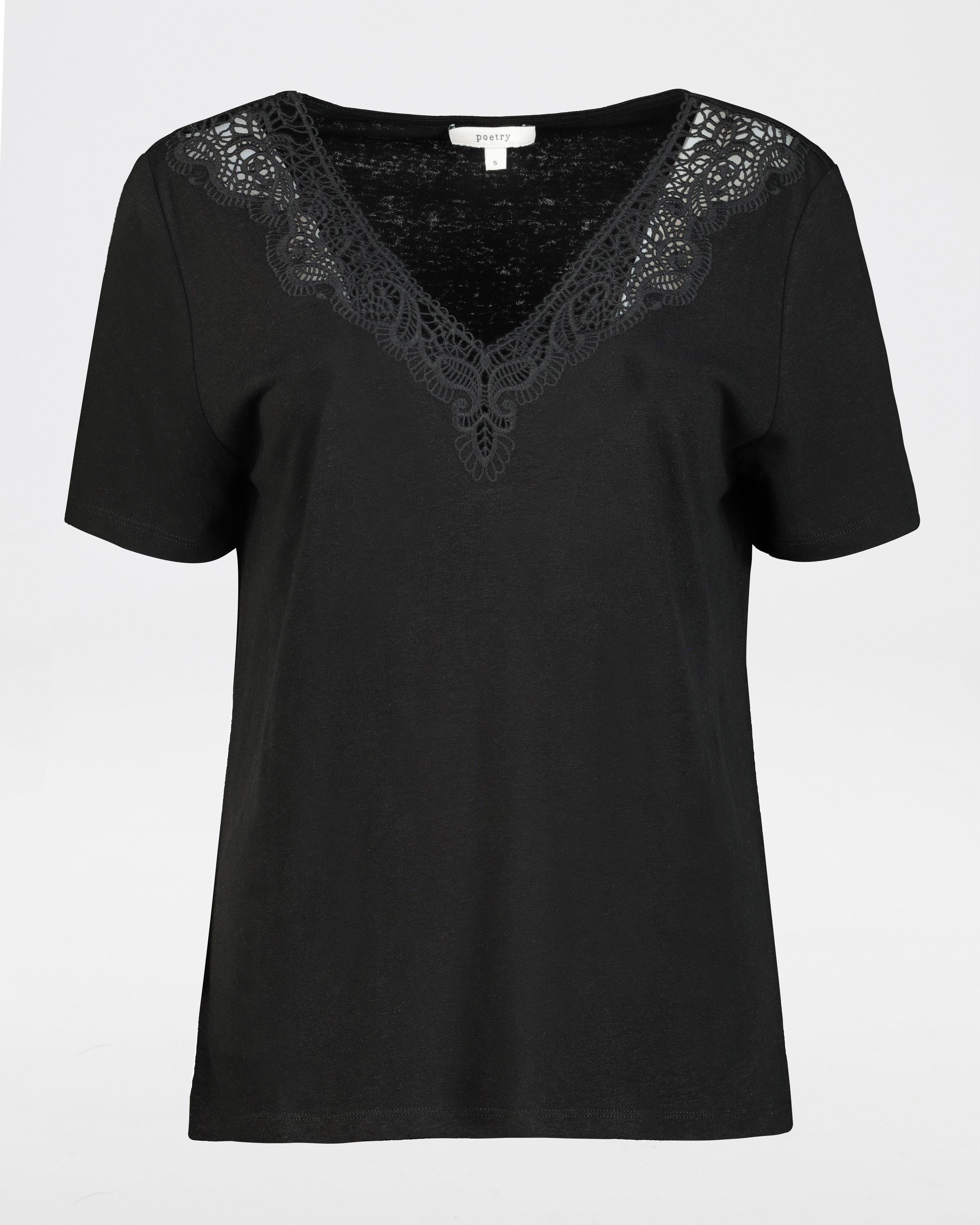 Ines V-Neck Lace T-Shirt -  black