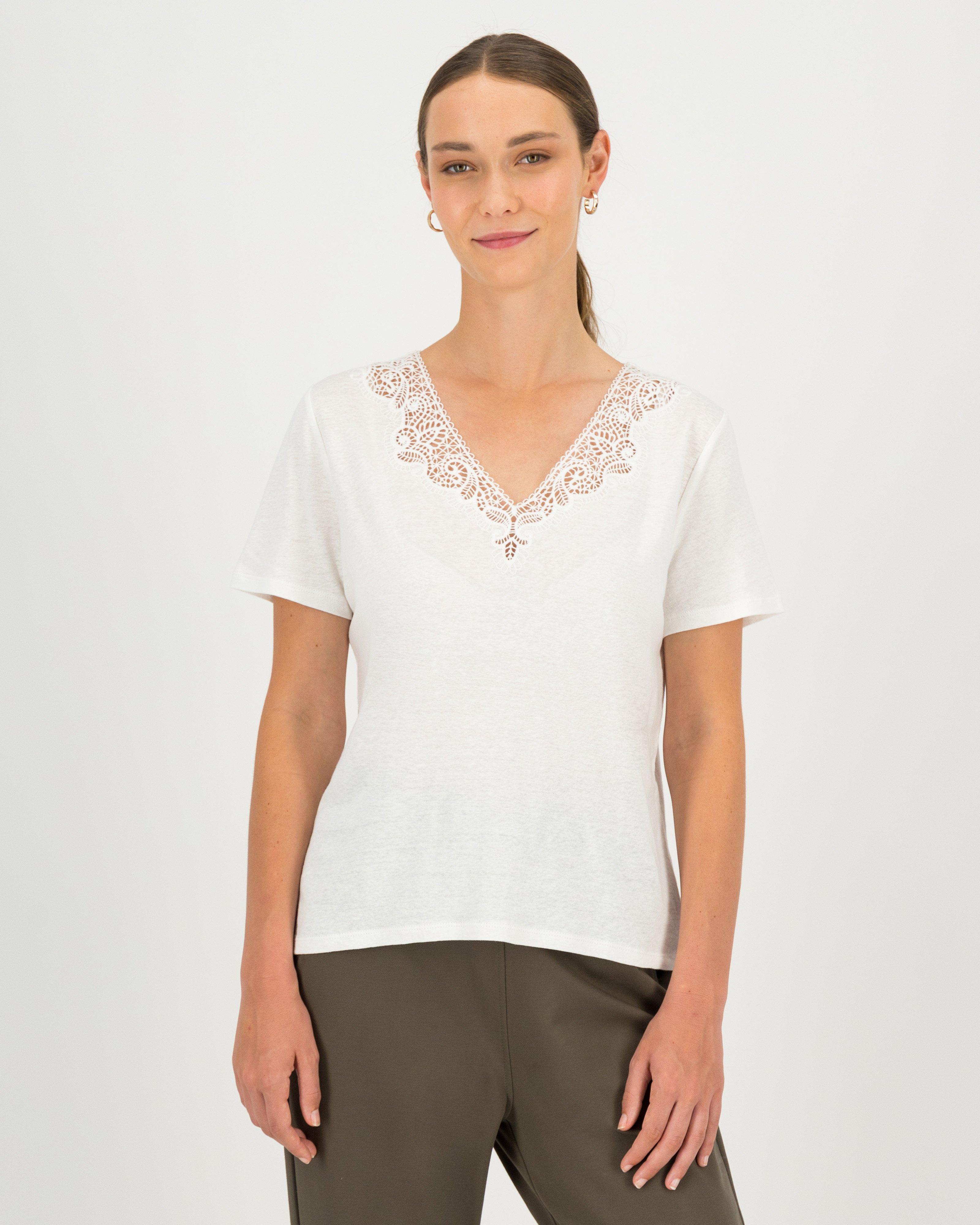 Ines V-Neck Lace T-Shirt -  milk