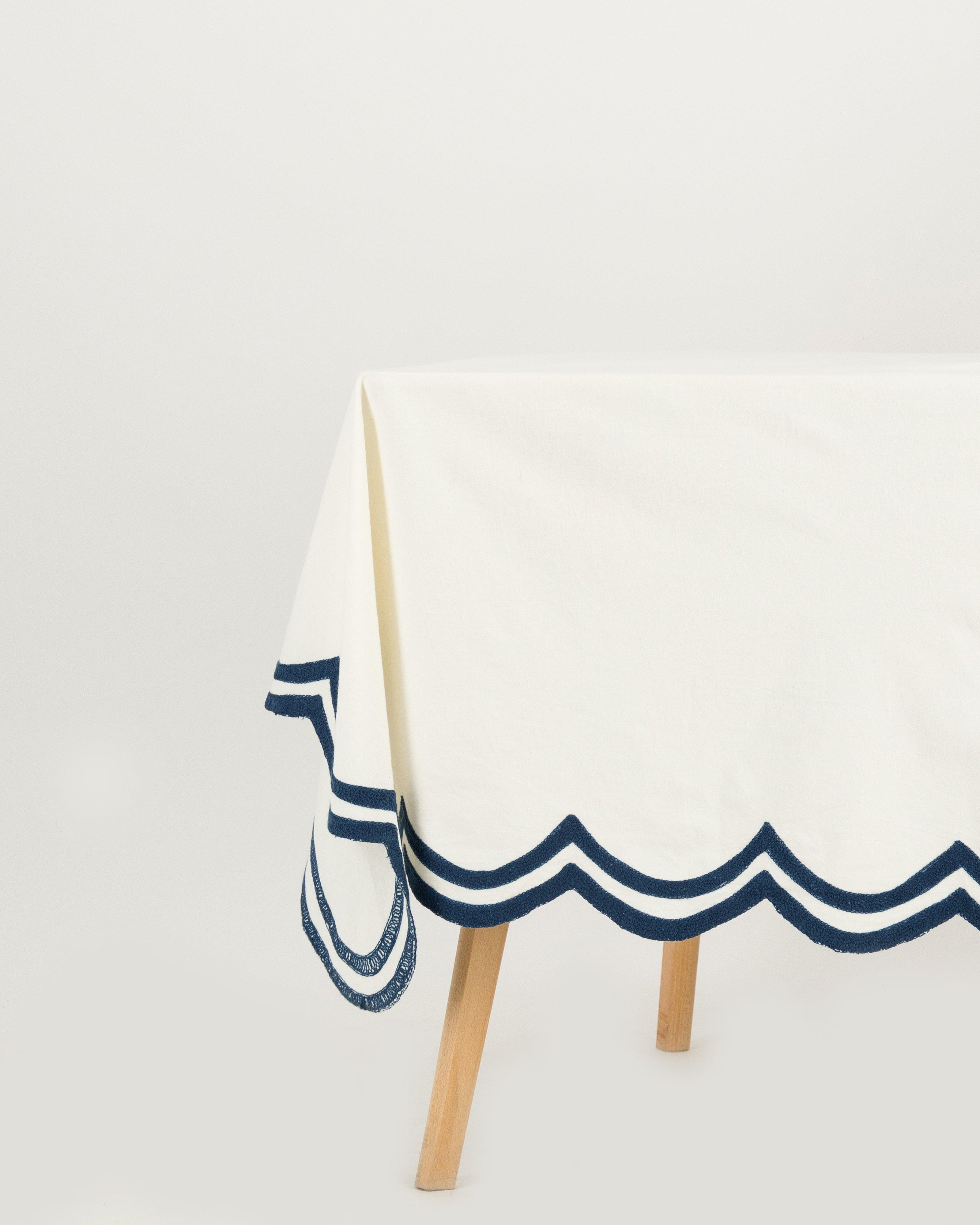 Artisanal Hand Stitched Scalloped Tablecloth -  navy