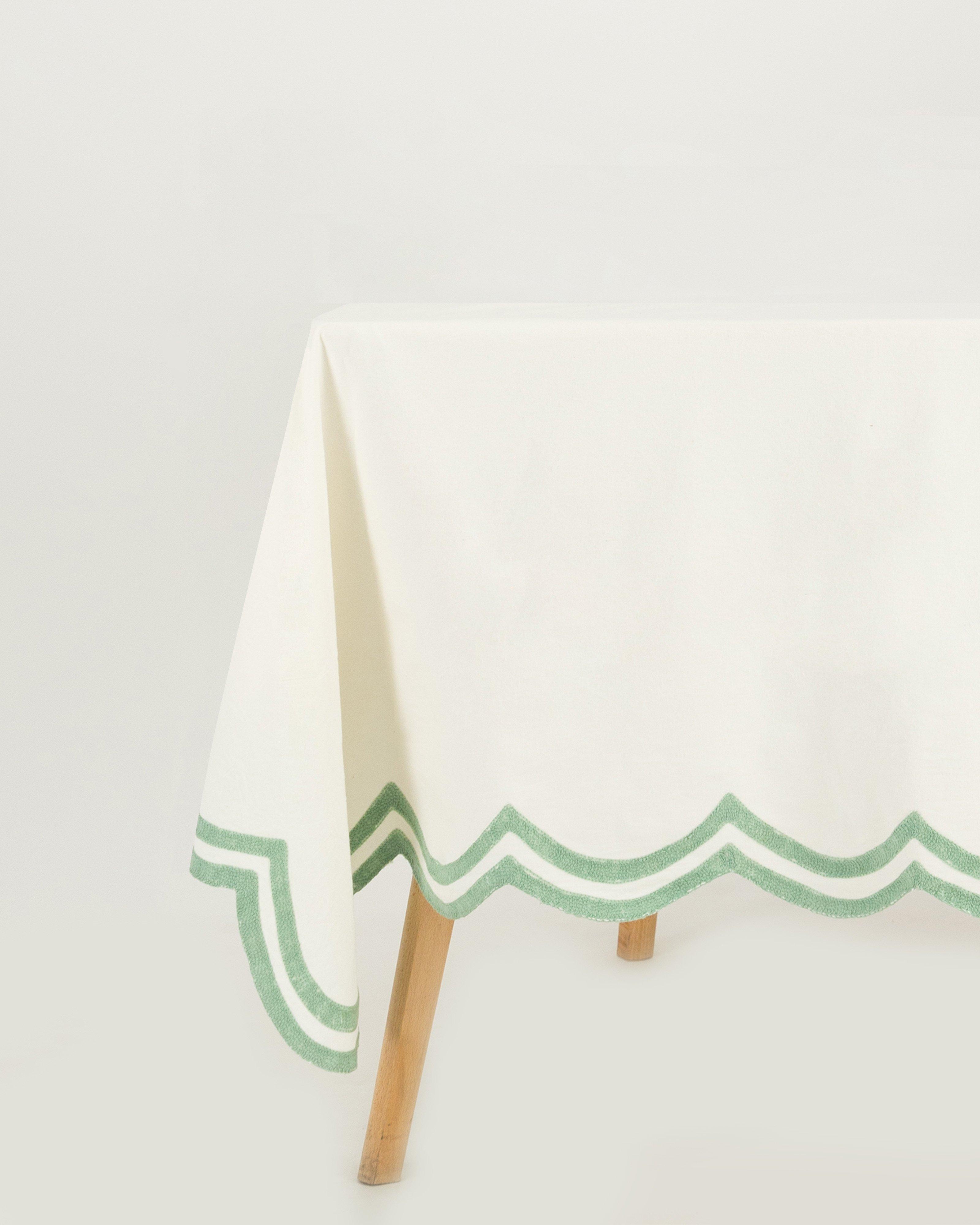 Artisanal Hand Stitched Scalloped Tablecloth -  chartreuse