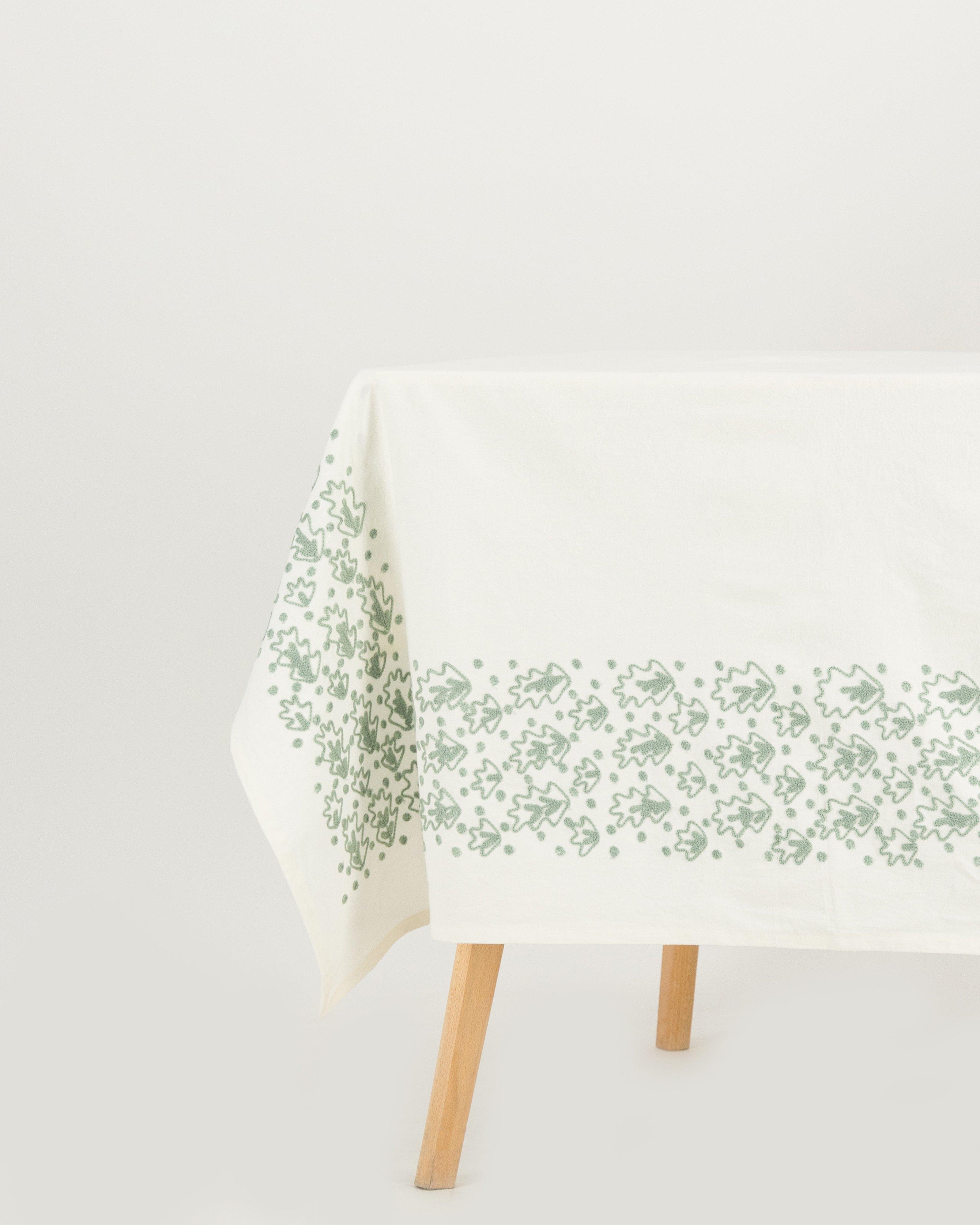 Artisanal Hand Stitched Floral Tablecloth 180 x 270cm -  sage