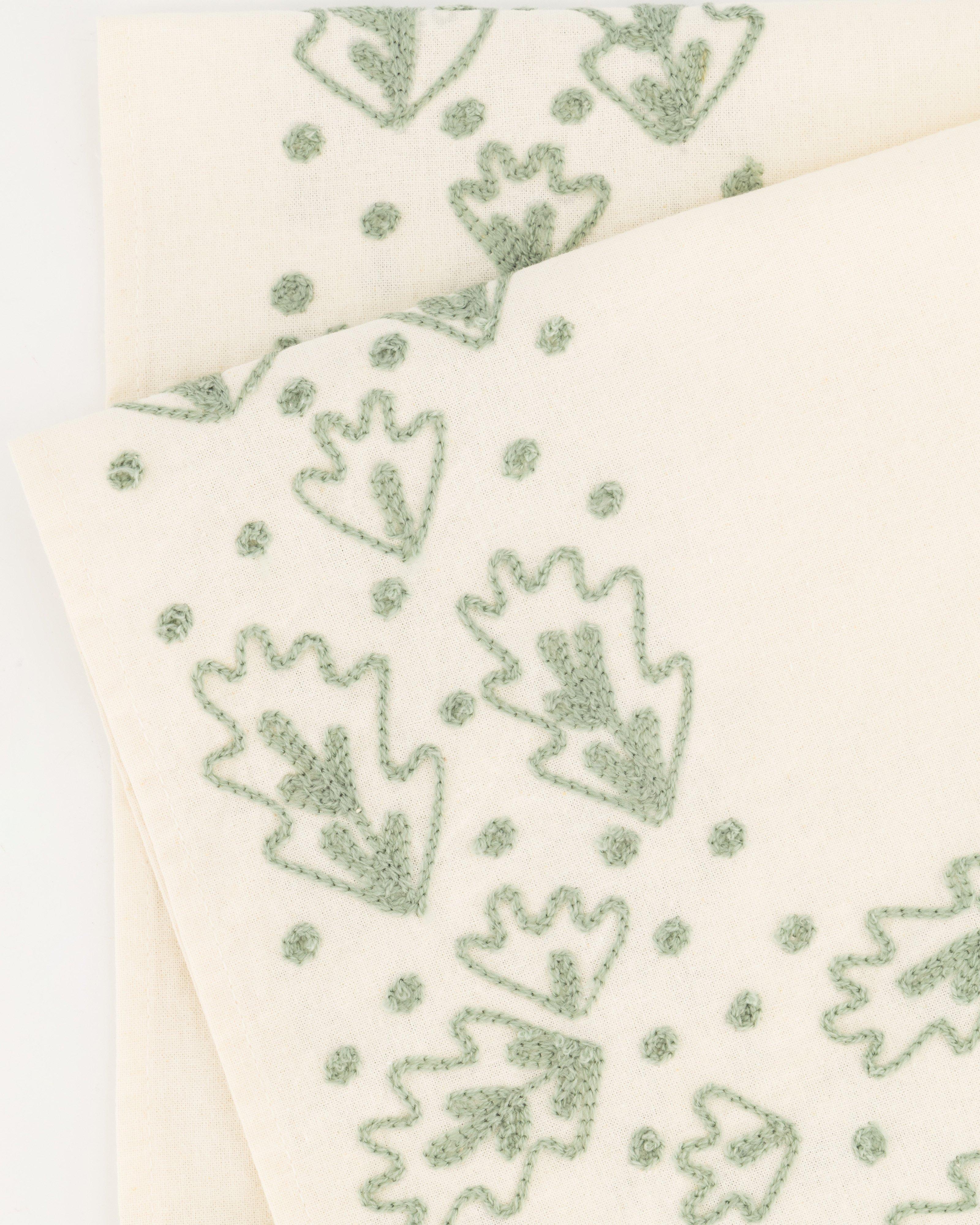 Artisanal Hand Stitched Floral Napkin Set -  sage