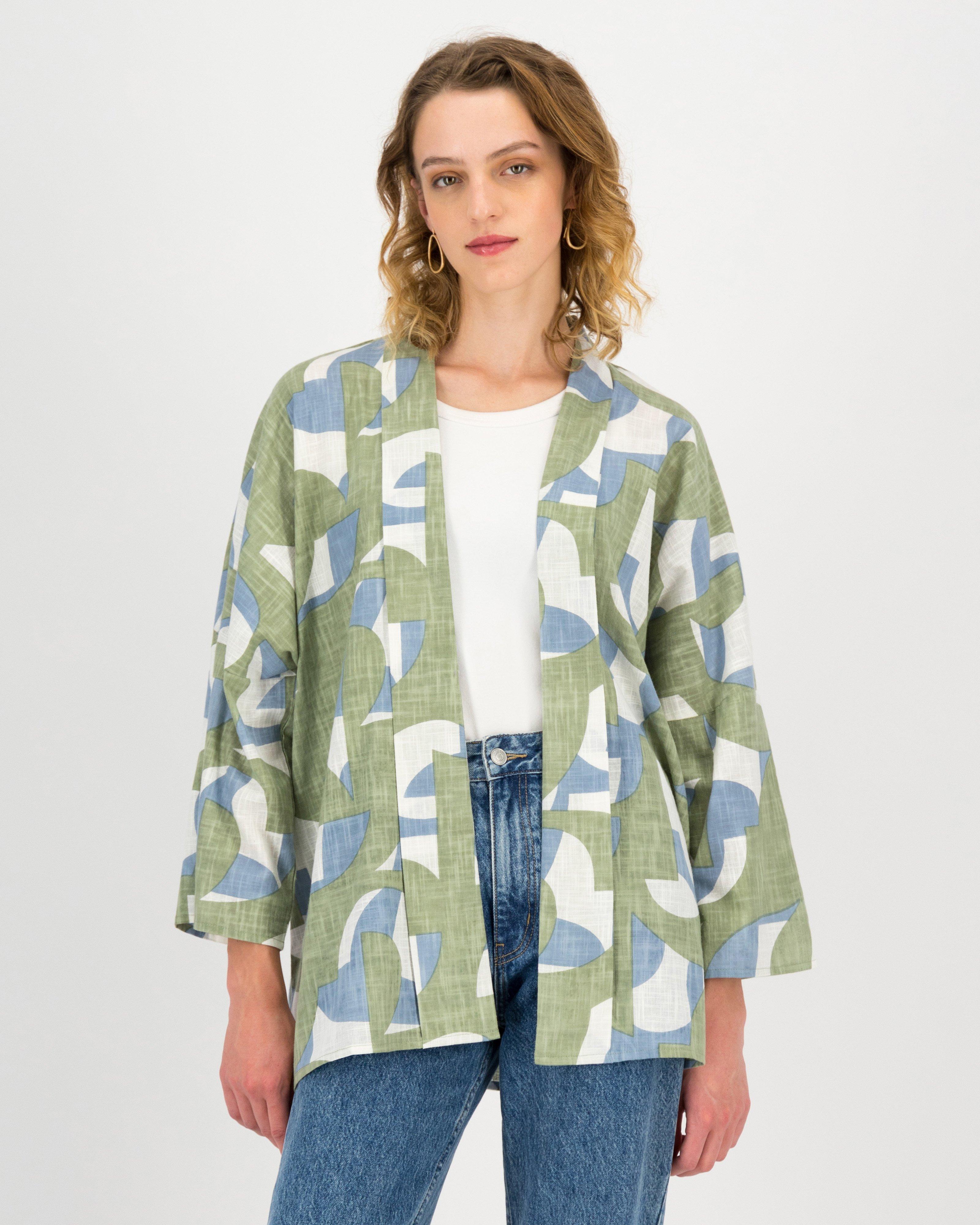 Jaclyn Abstract Print Midi Kimono -  palegreen