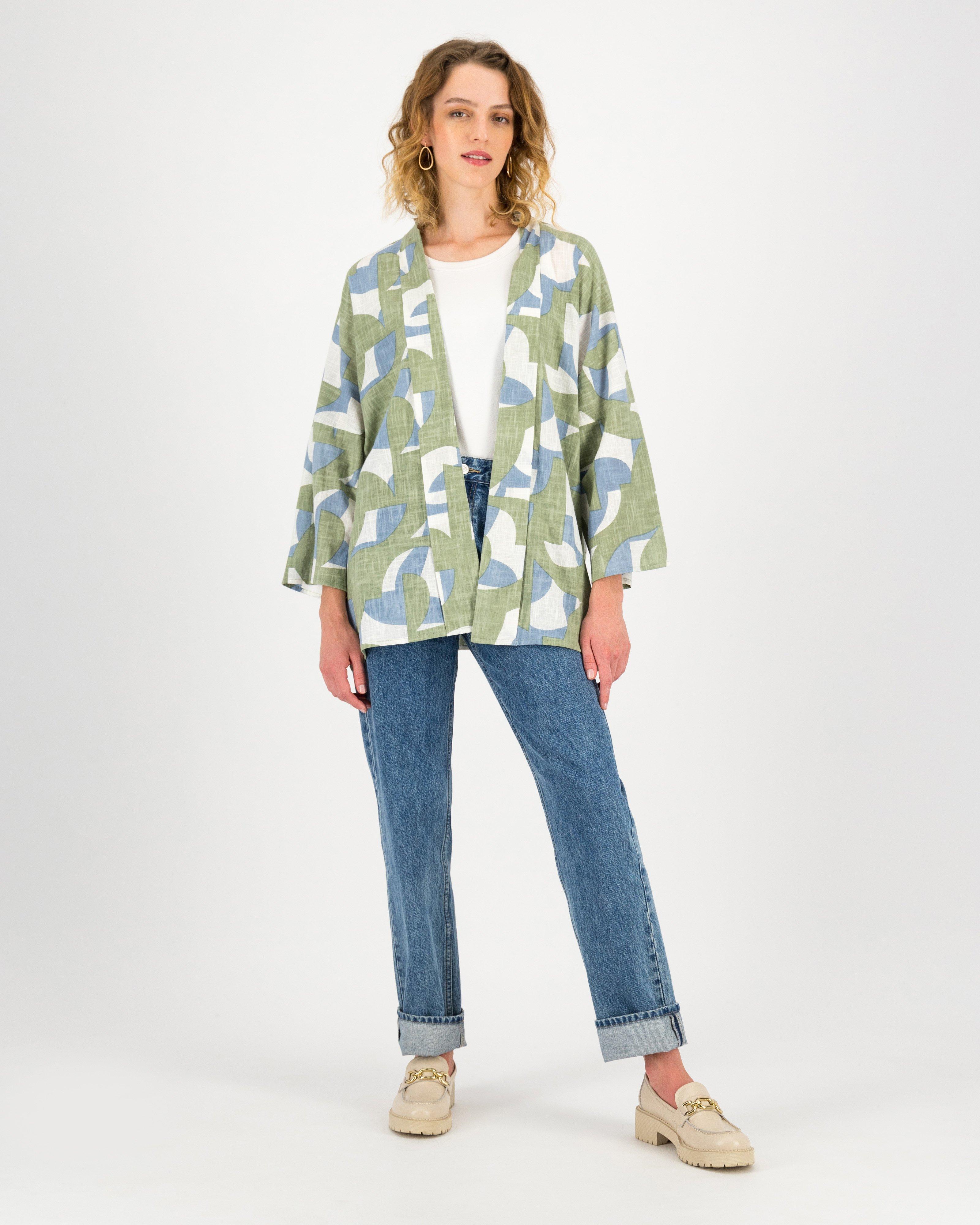 Jaclyn Abstract Print Midi Kimono -  palegreen