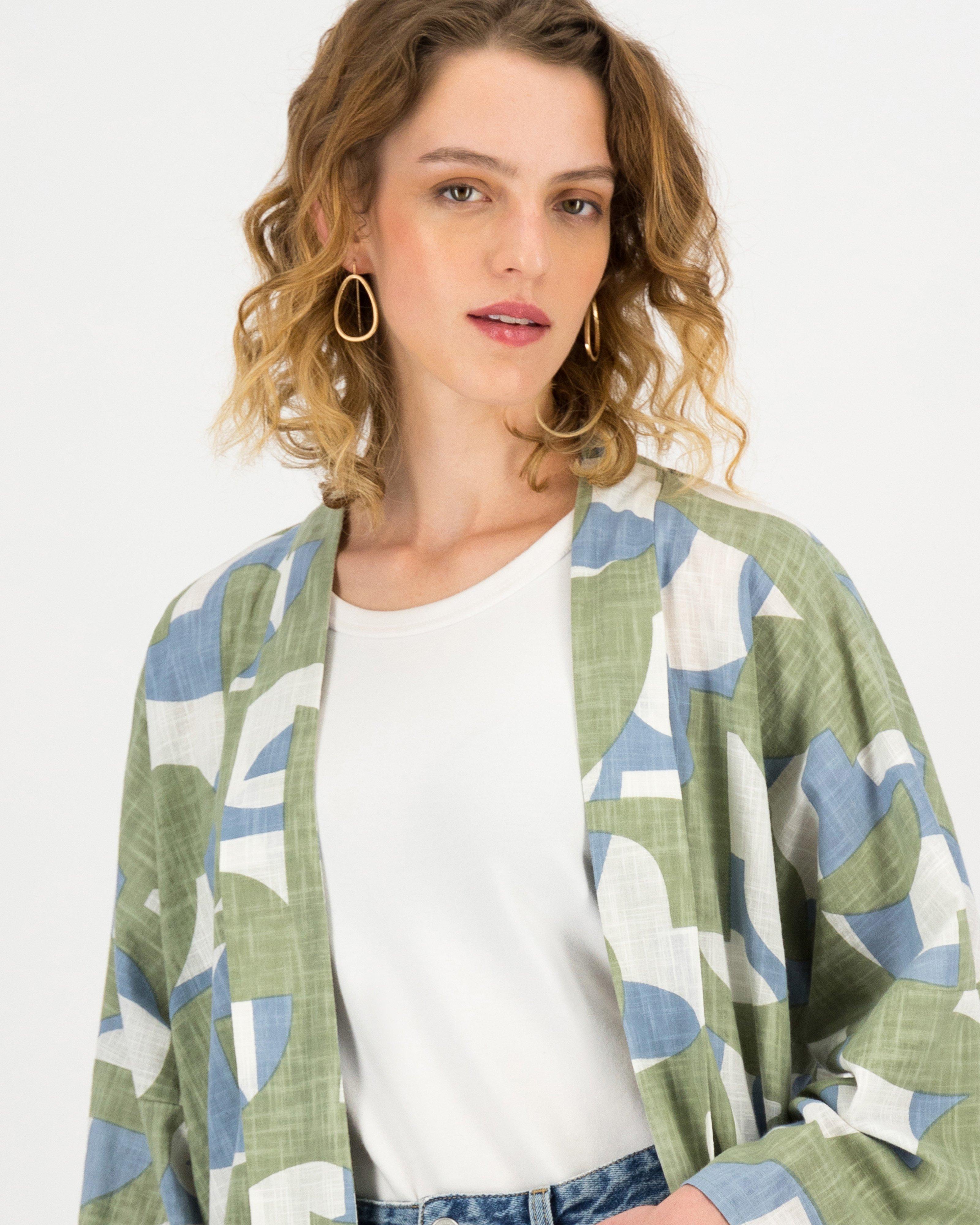 Jaclyn Abstract Print Midi Kimono -  palegreen